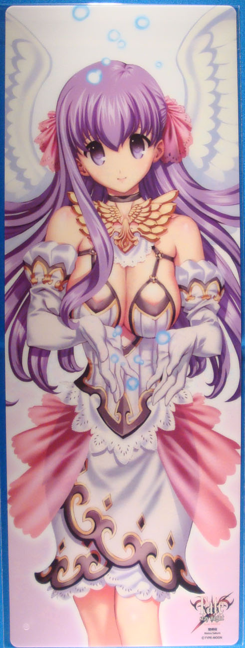 matou sakura, fate/stay night, fate (series), highres, 00s, 1girl, breasts, choker, cleavage, elbow gloves, female focus, gloves, medium breasts, purple eyes, purple hair, solo, wings