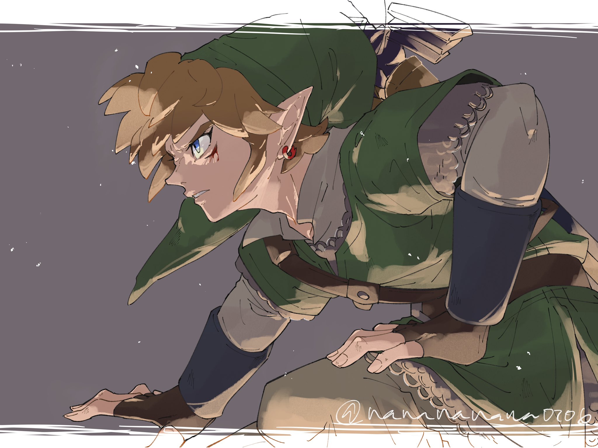 nanananana0706, link, nintendo, the legend of zelda, the legend of zelda: skyward sword, highres, 1boy, blonde hair, blood, blood on face, blue eyes, brown gloves, collared shirt, earrings, fingerless gloves, furrowed brow, gloves, green hat, green tunic, grey background, grey pants, grey shirt, hand on own leg, hat, injury, jewelry, male focus, pants, parted lips, phrygian cap, pointy ears, shirt, short hair, sketch, solo, tunic, twitter username
