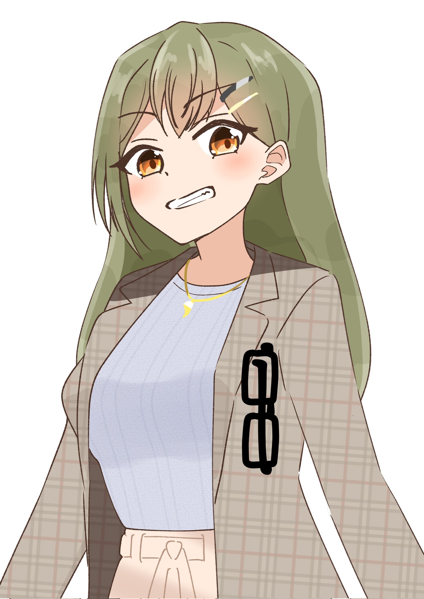 corocoro567, ogami sachi, link! like! love live!, love live!, commentary, highres, 1girl, black-framed eyewear, breasts, brown coat, coat, double-parted bangs, eyewear hang, glasses, green hair, grey sweater, grin, hair ornament, hairclip, jewelry, large breasts, looking at viewer, necklace, official alternate costume, ogami sachi (post-graduation), open clothes, open coat, orange eyes, parallel hairclips, plaid clothes, plaid coat, smile, solo, sweater, unworn eyewear, upper body