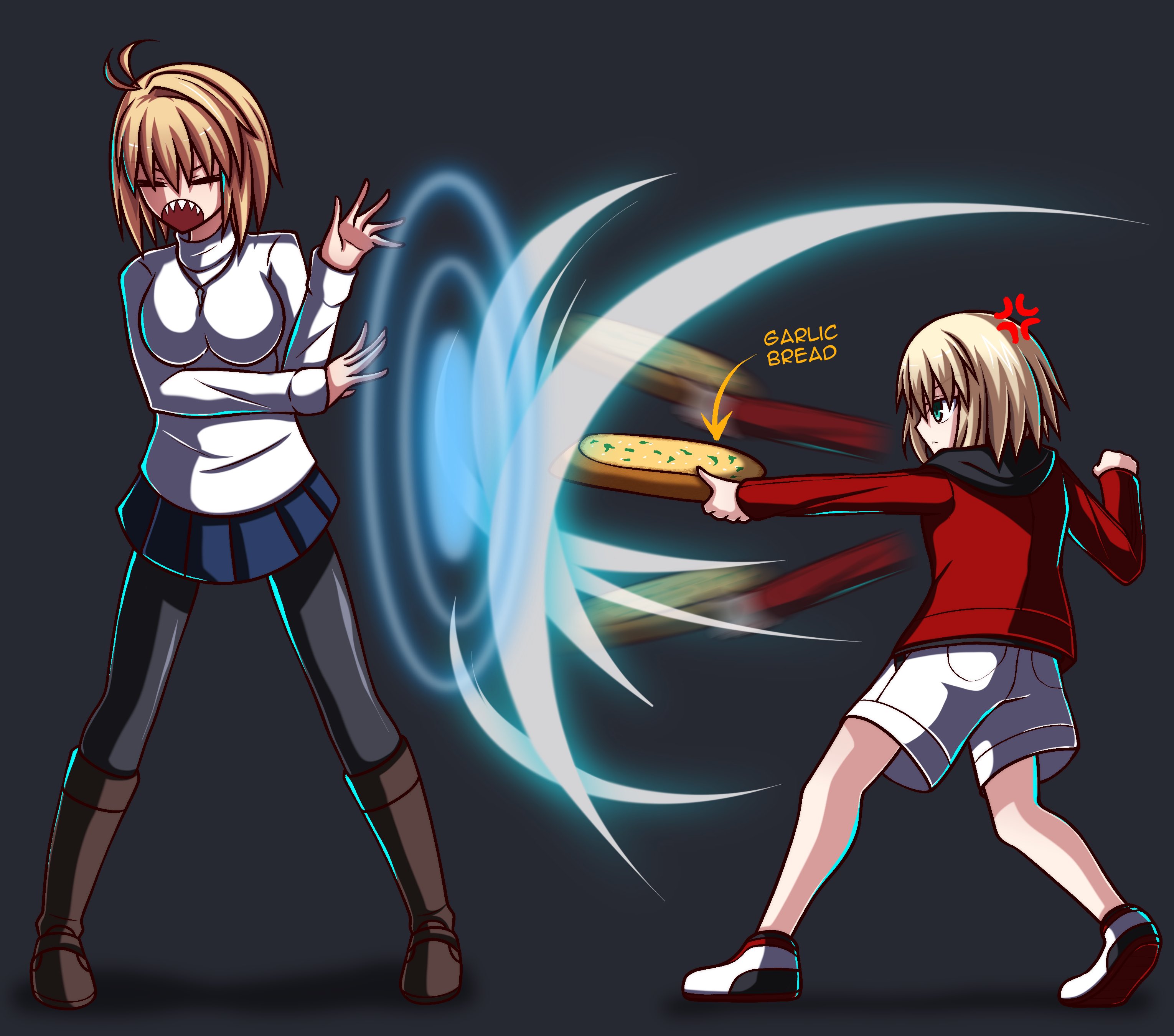 sakurello, arcueid brunestud, mario gallo bestino, melty blood, melty blood: type lumina, tsukihime, tsukihime (remake), absurdres, highres, 1boy, 1girl, afterimage, age difference, ahoge, anger vein, black hoodie, black pantyhose, blocking, blonde hair, boots, bread, brown boots, closed eyes, english text, food, garlic bread, green eyes, hair intakes, holding bread, hood, hoodie, jacket, jewelry, necklace, pantyhose, red jacket, sharp teeth, shoes, short hair, shorts, slashing, sneakers, sweater, teeth, turtleneck, turtleneck sweater, white shorts, white sweater