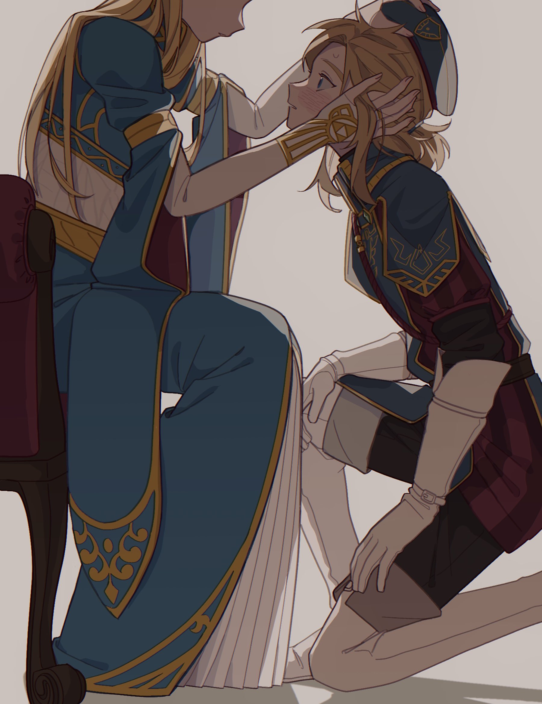 link, princess zelda, nintendo, the legend of zelda, the legend of zelda: breath of the wild, highres, 1boy, 1girl, 2yang, beret, black pants, blonde hair, blue dress, blue hat, blush, boots, bridal gauntlets, chair, dress, gloves, gold trim, grey background, hair tie, hand in another's hair, hat, holding, holding unworn clothes, holding unworn hat, layered sleeves, long dress, long hair, looking at another, low ponytail, medium hair, military hat, military uniform, official alternate costume, on one knee, pants, parted lips, ponytail, royal guard set (zelda), sidelocks, sitting, sweatdrop, thigh boots, triforce, unworn hat, unworn headwear, white boots, white gloves, wide-eyed