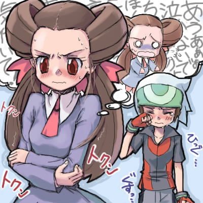 mimolette (mimo), brendan (pokemon), roxanne (pokemon), nintendo, pokemon, pokemon rse, lowres, 00s, 1boy, 1girl, blush, brown hair, crying, gym leader, long hair, red eyes, short hair, speech bubble, sweat, tears, thought bubble, trembling, wavy mouth