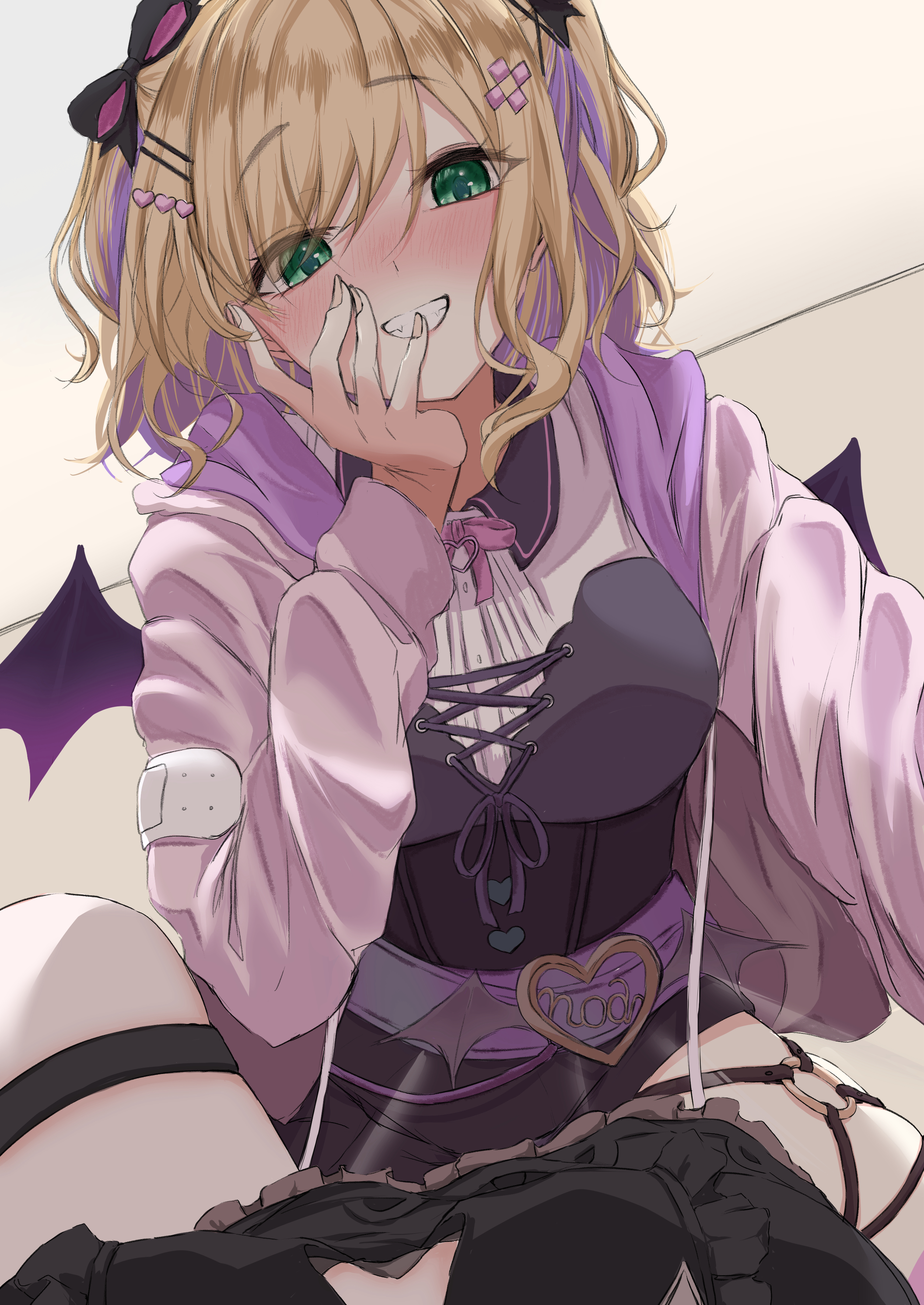 saria art, kurumi noah, kurumi noah (3rd costume), vspo!, absurdres, highres, 2girls, belt, black ribbon, blush, breasts, collared shirt, colored inner hair, d-pad, d-pad hair ornament, demon wings, fangs, fingernails, flustered, green eyes, grin, hair ornament, hair ribbon, hairclip, hand on own face, heart, heart hair ornament, hood, hoodie, indoors, large breasts, long sleeves, looking at viewer, medium hair, multicolored hair, multiple girls, o-ring, o-ring thigh strap, pink belt, pink hair, pink hoodie, pink nails, purple wings, ribbon, shirt, smile, solo focus, teeth, thigh strap, thighs, two-tone hair, two side up, virtual youtuber, white shirt, wings, yuri