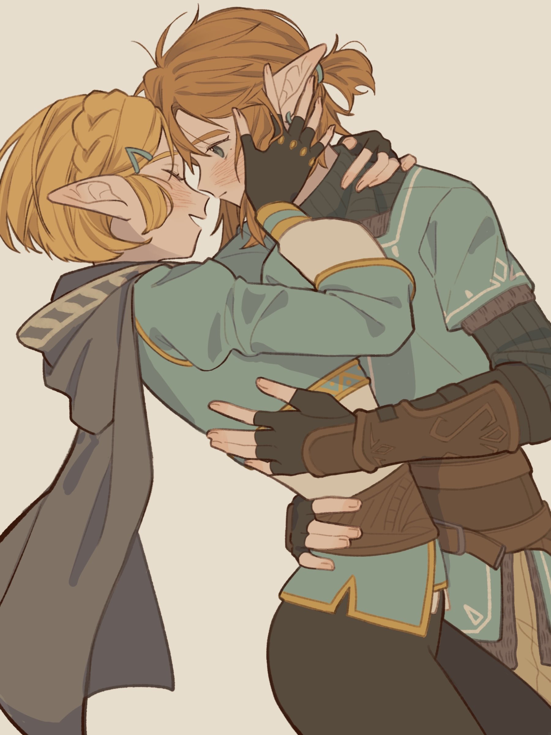 link, princess zelda, nintendo, the legend of zelda, the legend of zelda: tears of the kingdom, absurdres, highres, 1boy, 1girl, 2yang, arm around neck, armor, arms around waist, black gloves, black pants, black sweater, blonde hair, blue eyes, blue shirt, blue tunic, blush, braid, cloak, closed eyes, closed mouth, couple, cowboy shot, crown braid, earrings, fingerless gloves, gloves, gold trim, grey background, grey cloak, hair between eyes, hair ornament, hairclip, hand in another's hair, hetero, hood, hood down, hooded cloak, jewelry, leather armor, looking at another, low ponytail, medium hair, open mouth, pants, parted bangs, pointy ears, ponytail, shirt, short hair, sidelocks, smile, sweater, tunic, turtleneck, turtleneck sweater, vambraces