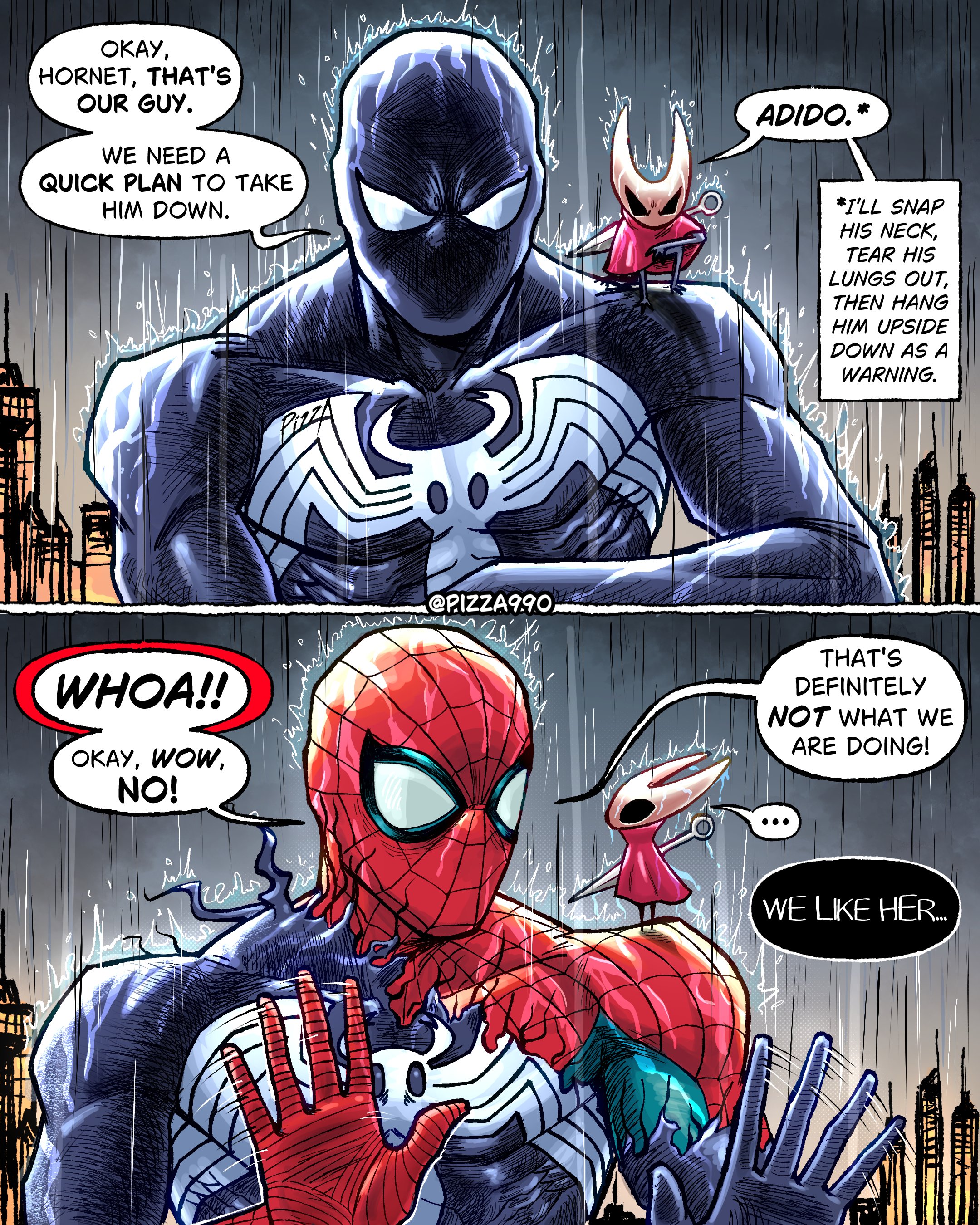 pizza990, hornet (hollow knight), spider-man, hollow knight, hollow knight: silksong, marvel, spider-man (series), black bodystocking, absurdres, highres, 1boy, 1girl, animal print, arthropod girl, artist name, black skin, blue bodysuit, bodysuit, cloak, colored skin, hollow eyes, horned mask, looking at viewer, mask, multicolored bodysuit, needle (hollow knight), print bodysuit, red bodysuit, red cloak, silk, spider print, spider web, spider web print, superhero costume, symbiote, two-tone bodysuit, white mask