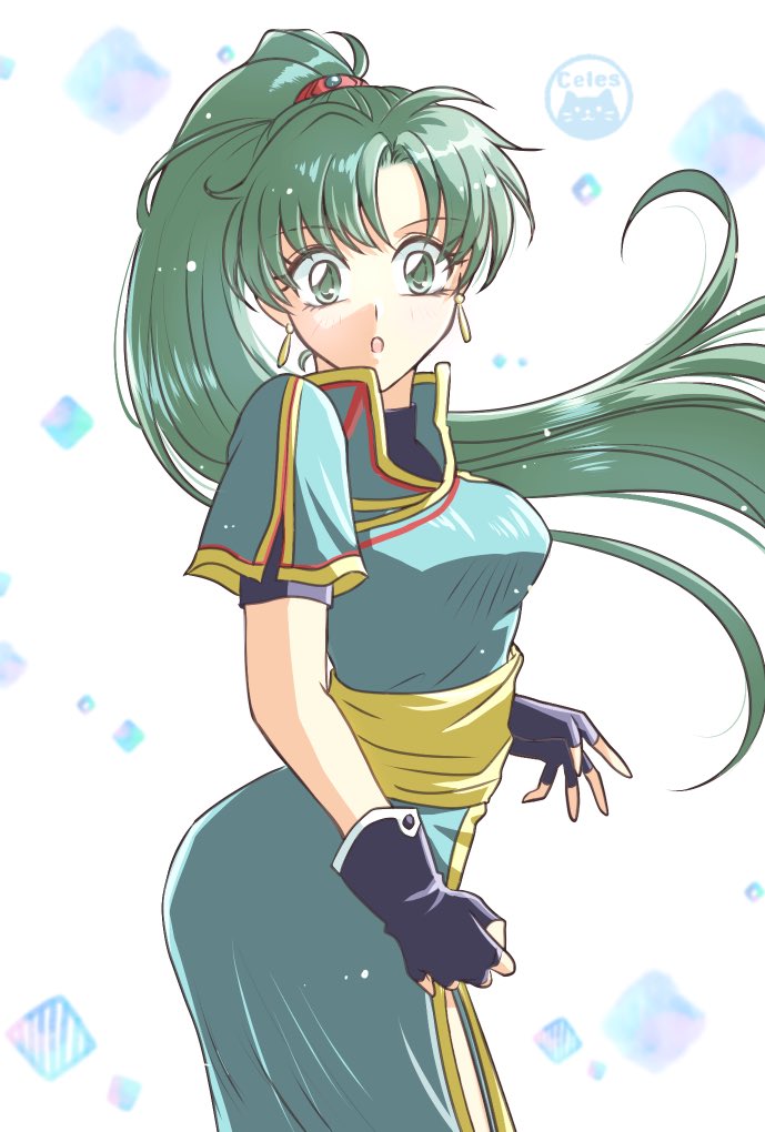 lyn (fire emblem), fire emblem, fire emblem: the blazing blade, nintendo, commentary request, 1girl, blue dress, cf wing, dress, earrings, fingerless gloves, gloves, green eyes, green hair, high ponytail, jewelry, long hair, pelvic curtain, ponytail, rope belt, side slit