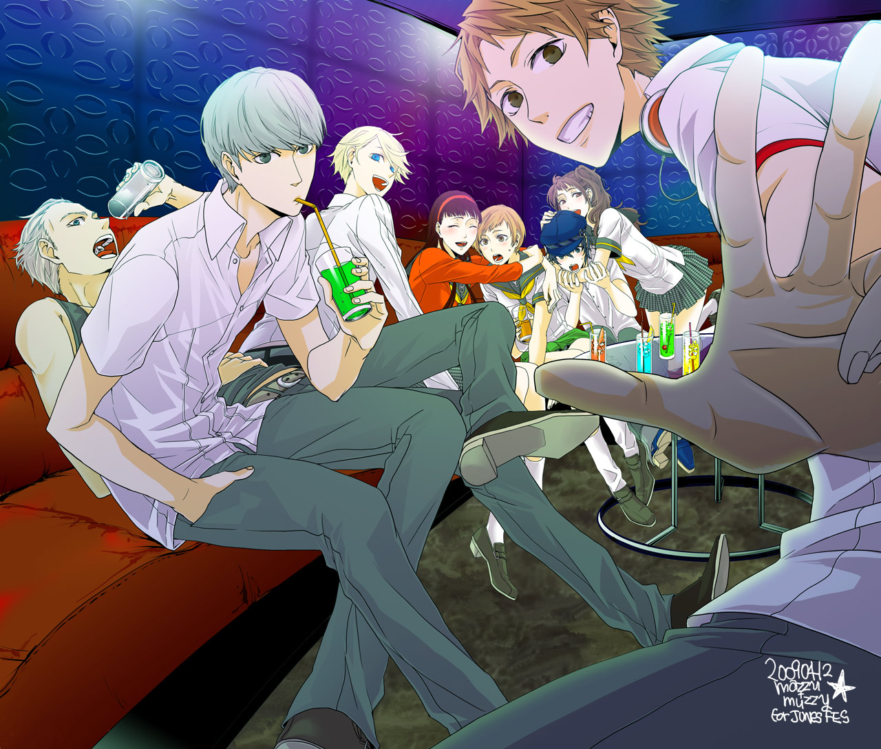 mz, amagi yukiko, hanamura yousuke, kujikawa rise, kuma (persona 4), narukami yu, satonaka chie, shirogane naoto, tatsumi kanji, atlus, persona, persona 4, bad id, bad pixiv id, 4boys, 4girls, blue eyes, blue hair, blush, brown eyes, brown hair, clinging, drink, drinking, drinking straw, everyone, grey eyes, grey hair, grin, hat, houndstooth, hug, ice, in da club, multiple boys, multiple girls, newsboy cap, school uniform, serafuku, short hair, skirt, smile, table