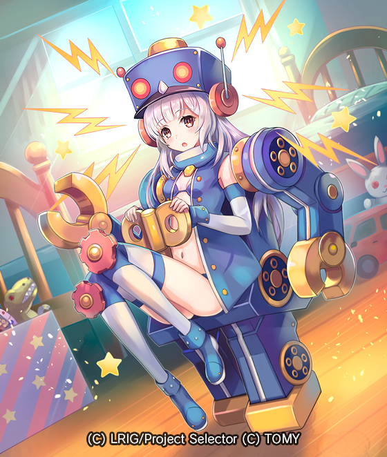 hokuyuu, wixoss, official art, 1girl, blue bra, blue jacket, blue panties, blue shoes, bra, breasts, burikirobo (wixoss), cleavage, copyright notice, elbow gloves, gloves, grey hair, holding, holding key, jacket, key, long hair, looking at viewer, open mouth, panties, purple eyes, see-through clothes, see-through jacket, shoes, sidelocks, small breasts, stuffed animal, stuffed dinosaur, stuffed rabbit, stuffed toy, thighhighs, underwear, white gloves, white thighhighs, winding key