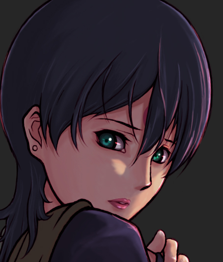 kuronosu, ryss, zoids, zoids chaotic century, bad id, bad pixiv id, 1girl, blue hair, earrings, facial mark, female focus, forehead mark, green eyes, jewelry, lips, simple background, solo