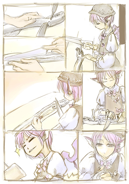 cervus, mystia lorelei, touhou, 1girl, animal ears, comic, female focus, hat, indoors, knife, pink hair, short hair, solo, white background, wings