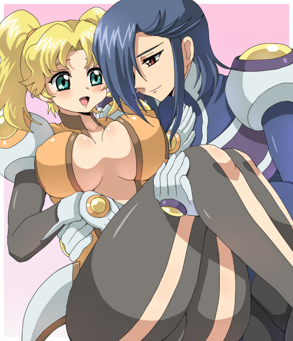 inaho, luna (godannar), shadow (godannar), shinkon gattai godannar!!, pilot suit, 00s, 2girls, :d, androgynous, ass, blonde hair, blue eyes, blue hair, blush, bodysuit, breasts, carrying, center opening, couple, covered erect nipples, curvy, green eyes, hair over one eye, huge ass, impossible clothes, large breasts, legs, multiple girls, no bra, open mouth, princess carry, red eyes, reverse trap, shiny clothes, short hair, skin tight, smile, thick thighs, thighs, turtleneck, twintails, yuri