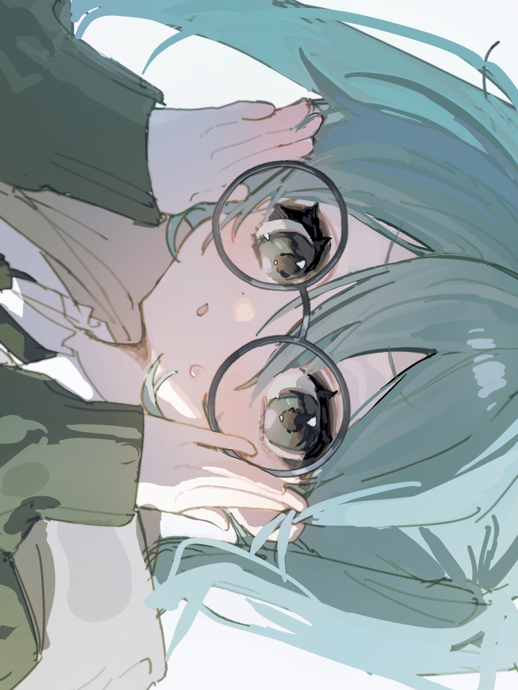 hatsune miku, vocaloid, commentary, highres, 1girl, adjusting eyewear, aqua hair, bespectacled, blush, brown eyes, close-up, flustered, glasses, hair between eyes, iam yuragi, looking at viewer, open mouth, round eyewear, sideways, solo, sweatdrop, twintails