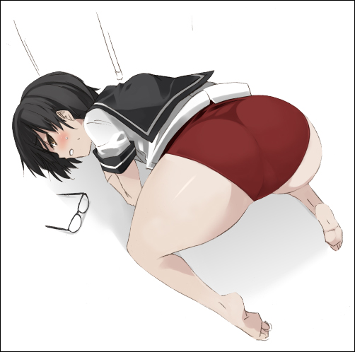 aka ume, original, 1girl, ass, barefoot, buruma, feet, female focus, glasses, school uniform, serafuku, soles, solo