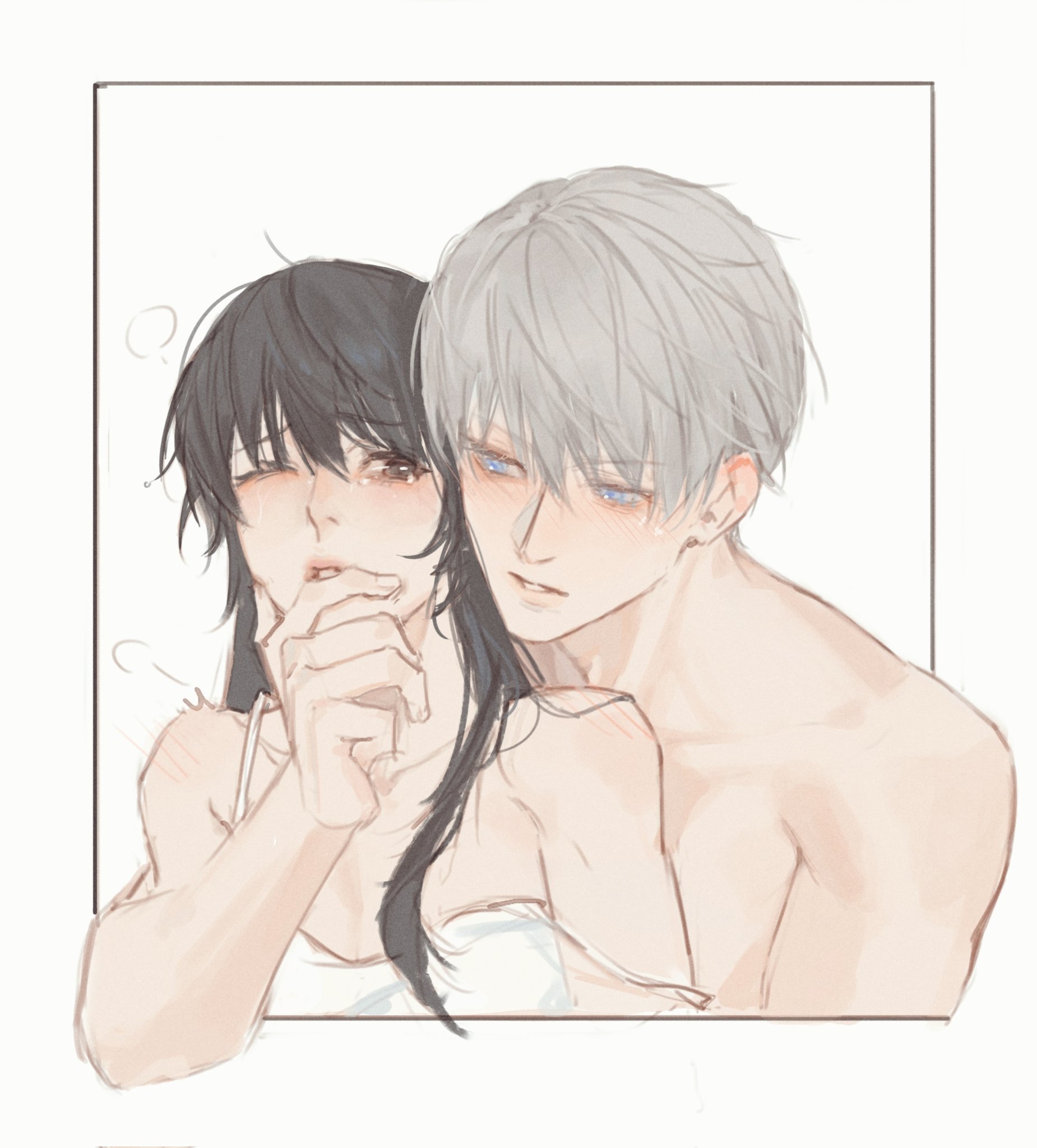 orihara0820, protagonist (love and deepspace), xavier (love and deepspace), love and deepspace, highres, 1boy, 1girl, bare shoulders, black hair, blue eyes, blush, border, breasts, brown eyes, couple, grey hair, hair between eyes, hand on another's chin, heavy breathing, hetero, medium breasts, one eye closed, parted lips, shirt, spaghetti strap, strap slip, tears, topless male, upper body, white background, white border, white shirt