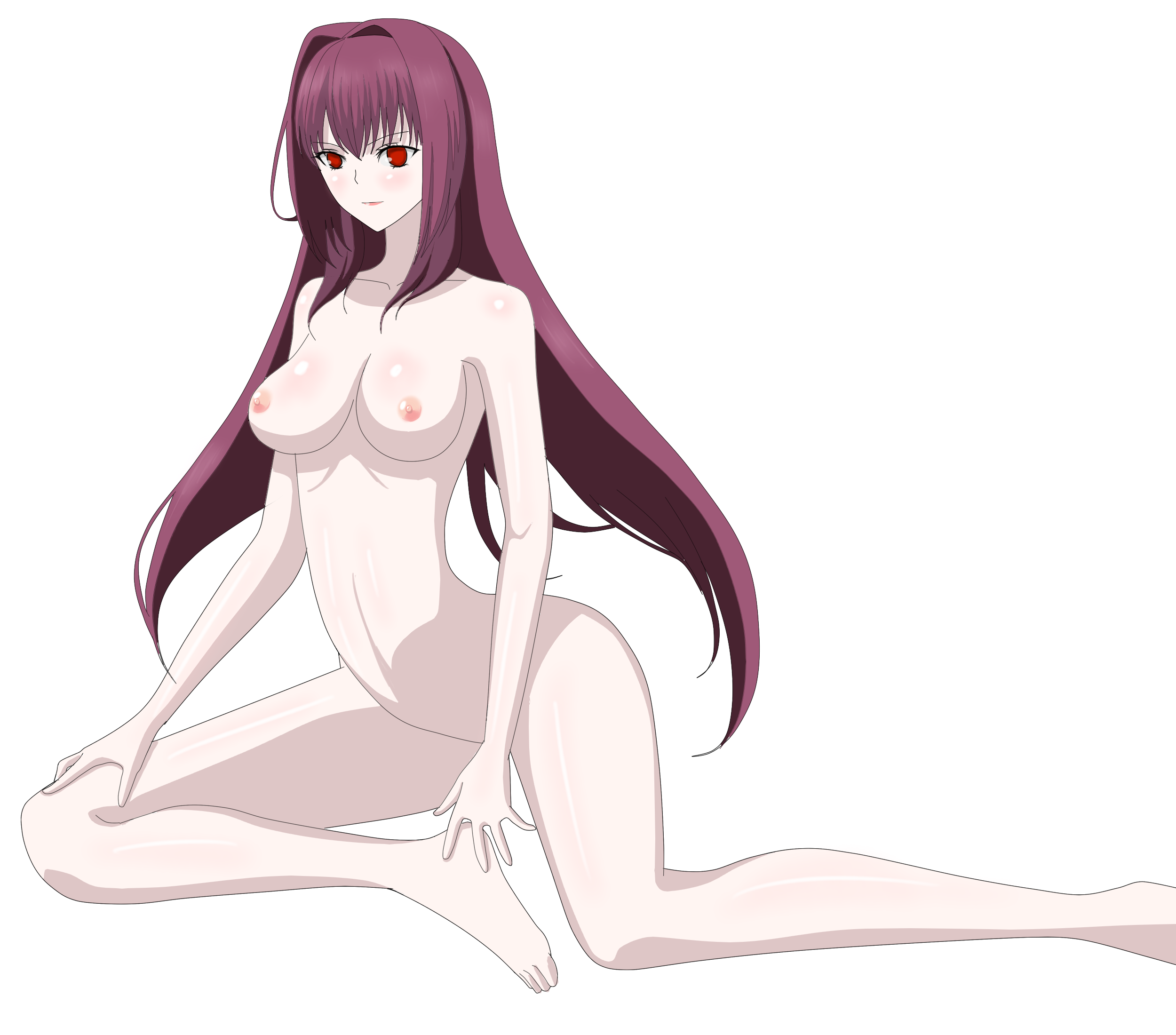 pmh, highres, 1girl, breasts, large breasts, nude, ponytail, purple hair, red eyes
