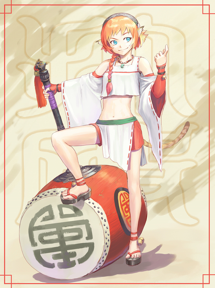 iceojin, megatama, original, bad id, bad pixiv id, 1girl, animal ears, anklet, barefoot, beckoning, bell, blue eyes, braid, clog sandals, detached sleeves, feet, female focus, hammer, huge weapon, jewelry, midriff, navel, orange hair, ribbon trim, sandals, short hair, side braid, solo, tail, weapon, wide sleeves, zouri