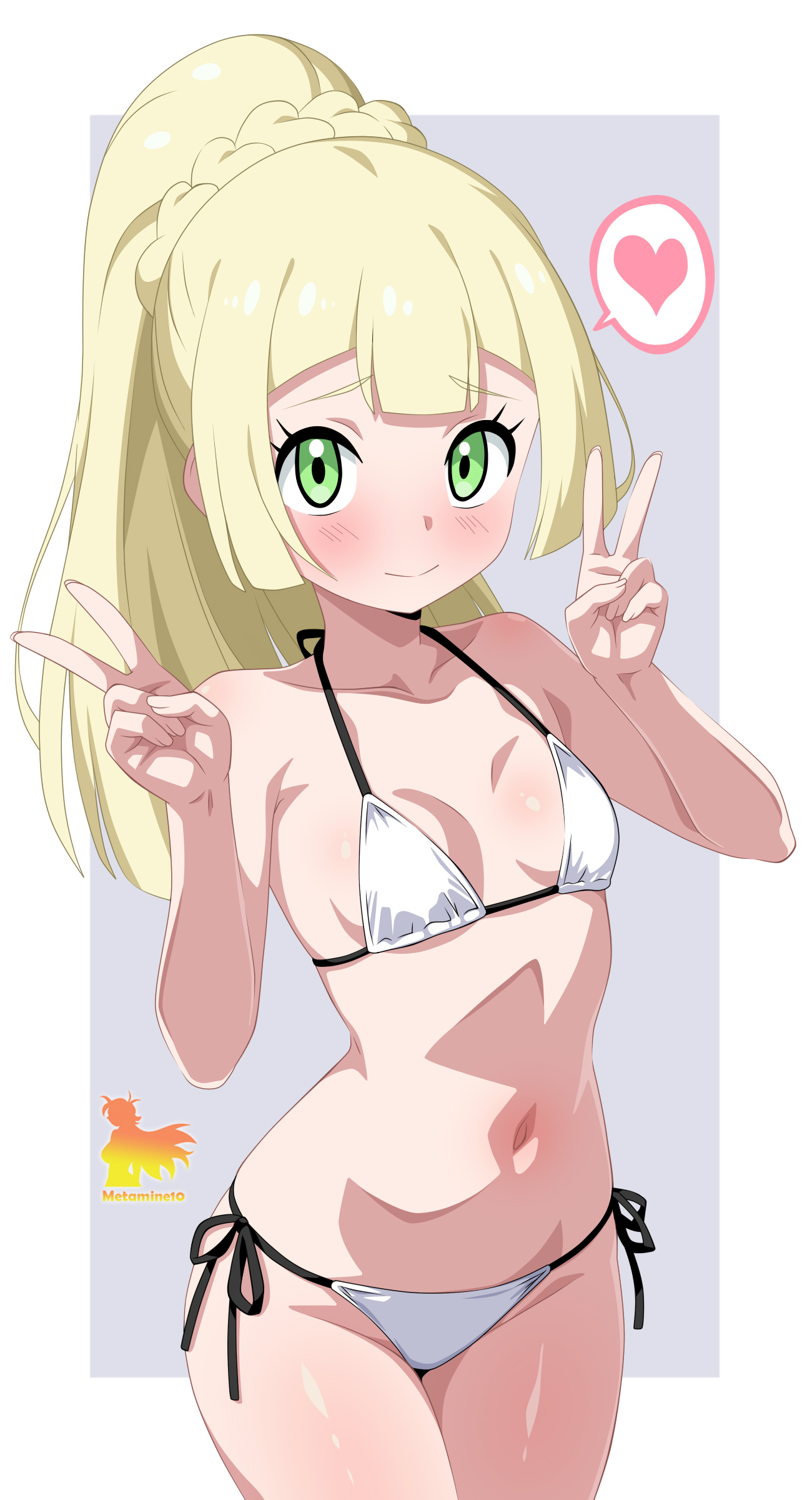metaminegl, lillie (pokemon), nintendo, pokemon, pokemon sm, absurdres, highres, 1girl, bikini, blonde hair, breasts, closed mouth, collarbone, cowboy shot, double v, green eyes, heart, high ponytail, looking at viewer, micro bikini, navel, ponytail, small breasts, solo, spoken heart, stomach, swimsuit, v, white bikini