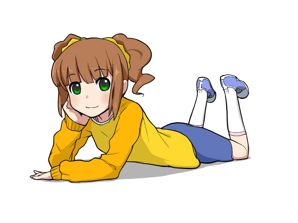 suzumiya annko, takatsuki yayoi, idolmaster, idolmaster (classic), bad id, bad pixiv id, 00s, 1girl, arm support, blush, brown hair, child, female focus, green eyes, lying, raglan sleeves, short hair, skirt, smile, socks, solo, twintails