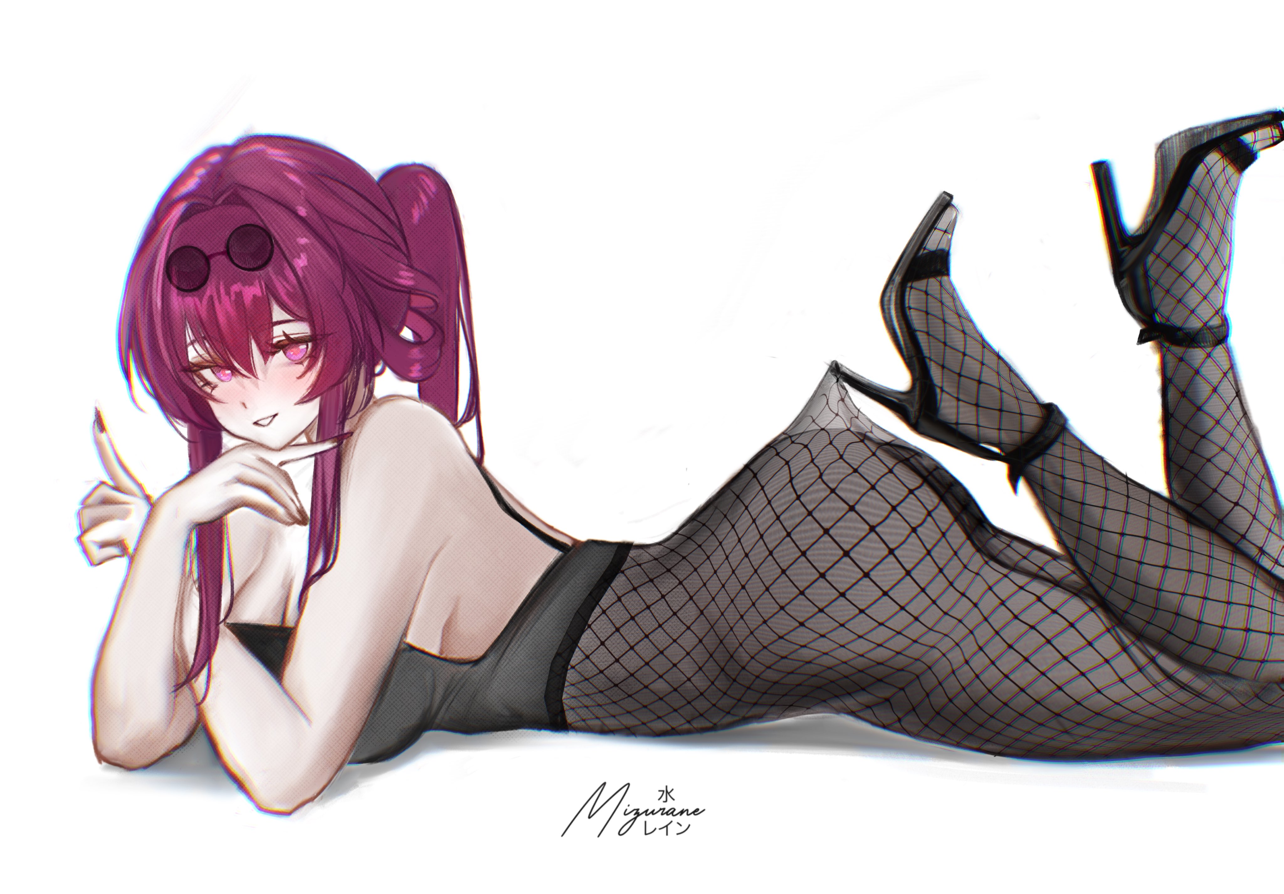 mizurane, kafka (honkai: star rail), honkai: star rail, honkai (series), absurdres, commentary, english commentary, highres, 1girl, artist name, black pantyhose, black tank top, breasts, cleavage, eyewear on head, fishnet pantyhose, fishnets, from side, high heels, hooked on heel, lace pantyhose hooked on heel (meme), large breasts, looking at viewer, medium hair, meme, pantyhose, purple eyes, purple hair, simple background, smile, solo, sunglasses, tank top, white background