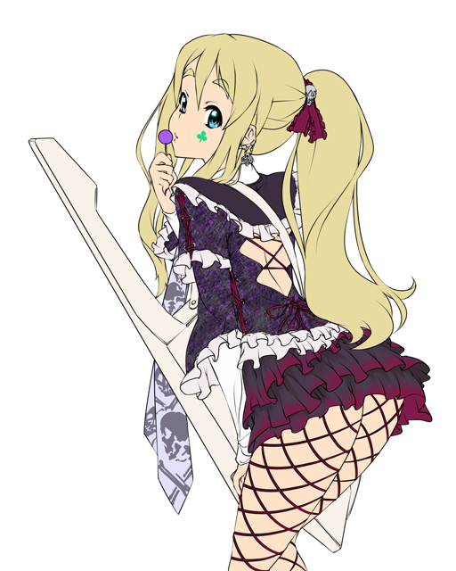 nekomamire, kotobuki tsumugi, k-on!, 00s, 1girl, bent over, brown hair, clubs, female focus, fishnet pantyhose, fishnets, flat color, frills, goth fashion, instrument, keytar, long hair, looking back, pantyhose, ponytail, skirt, solo, white background