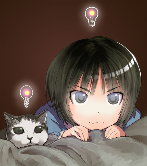genbou2, tamon ketsuyuki, tachibana miya, amagami, >:3, 1girl, :3, bed sheet, black hair, cat, female focus, grey eyes, idea, light bulb, messy hair, short hair, simple background, solo, v-shaped eyebrows