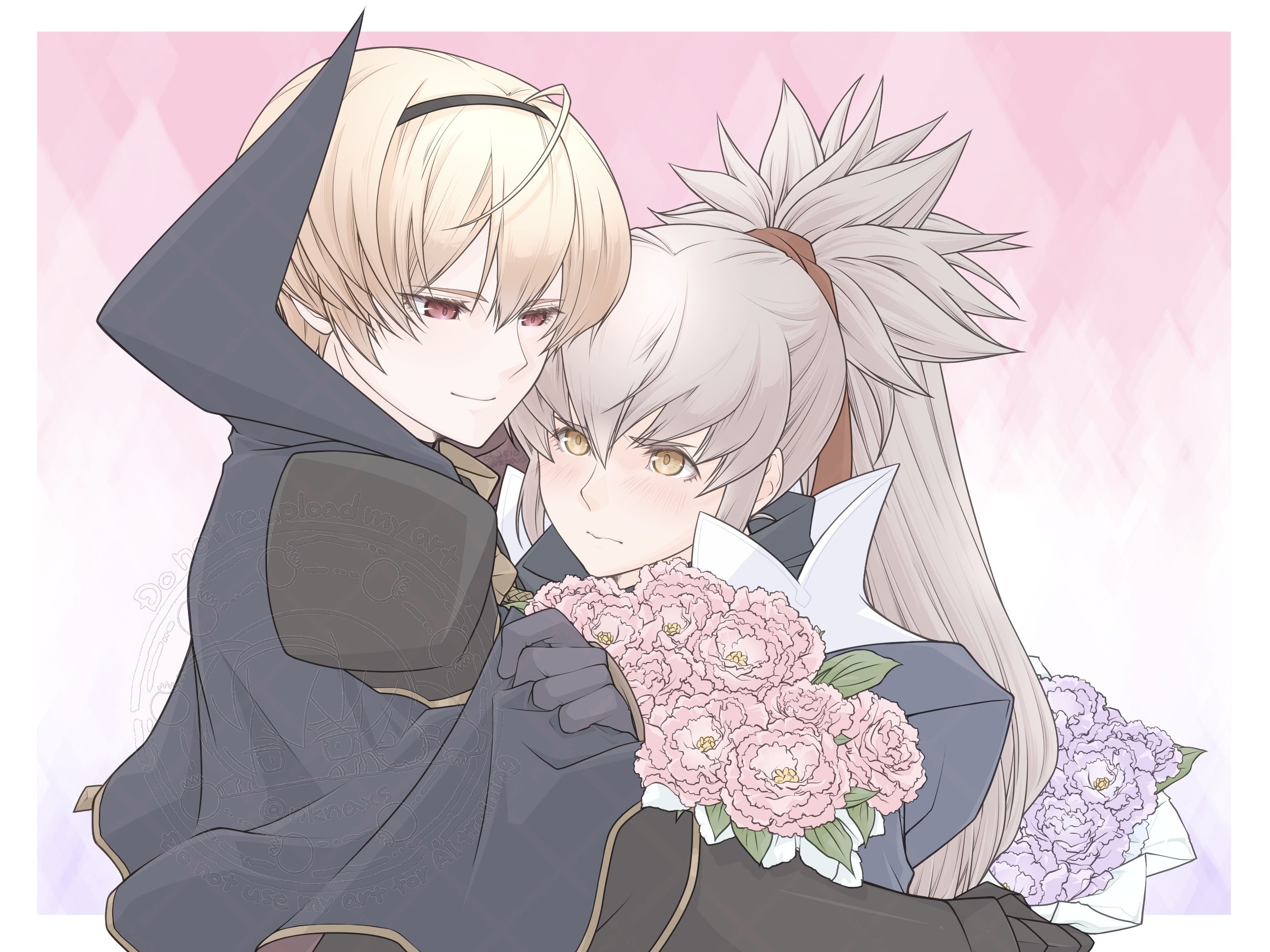 nknaxs, leo (fire emblem fates), takumi (fire emblem), fire emblem, fire emblem fates, nintendo, highres, 2boys, armor, black armor, black hairband, blonde hair, cape, grey hair, hair ribbon, hairband, japanese clothes, long hair, male focus, multiple boys, orange eyes, ponytail, red eyes, red ribbon, ribbon, yaoi