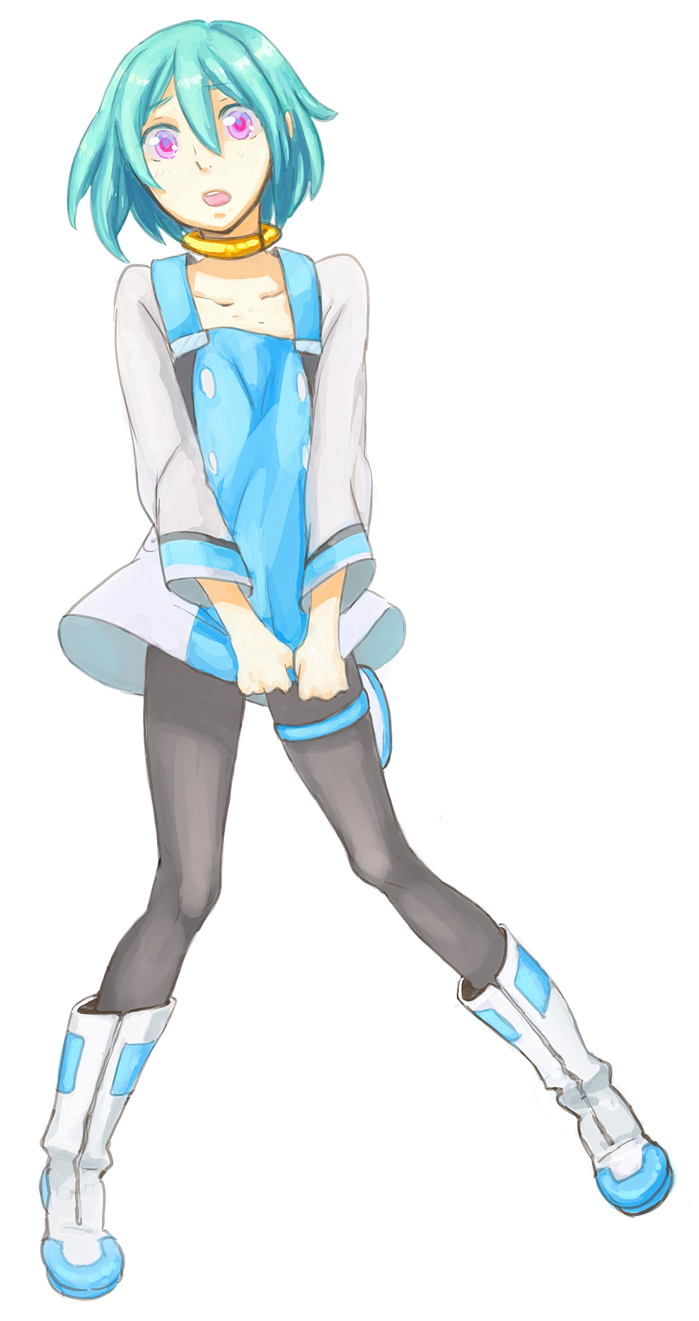 kitayama, eureka (eureka seven), eureka seven, eureka seven: pocket ga niji de ippai, eureka seven (series), bad id, bad pixiv id, highres, 00s, 1girl, aqua hair, black pantyhose, blue hair, blush, boots, choker, collar, female focus, leggings, pantyhose, pink eyes, short hair, solo, thigh strap, white boots