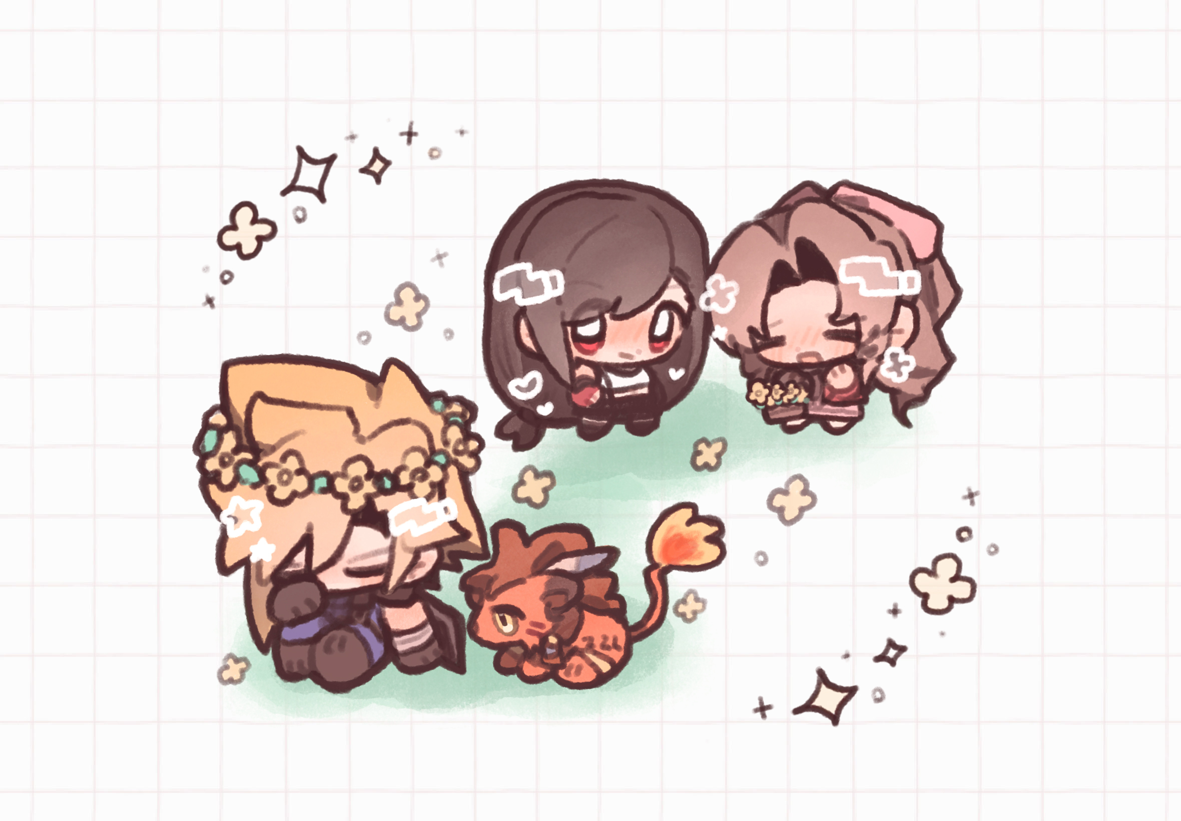 aerith gainsborough, cloud strife, red xiii, tifa lockhart, final fantasy, final fantasy vii, final fantasy vii rebirth, final fantasy vii remake, highres, 2boys, 2girls, animal, basket, black boots, black skirt, blonde hair, blue pants, blush, blym7oym7759061, boots, braid, braided ponytail, brown hair, buster sword, chibi, chibi only, closed eyes, dress, facial mark, feather hair ornament, feathers, fire, flame-tipped tail, flower, flower basket, grid background, hair between eyes, hair ornament, hair ribbon, head wreath, holding, holding basket, long hair, low-tied long hair, multiple boys, multiple girls, open mouth, pants, parted bangs, pink dress, pink ribbon, red eyes, ribbon, shirt, sitting, skirt, smile, spiked hair, tail, white shirt, yellow eyes, yellow flower