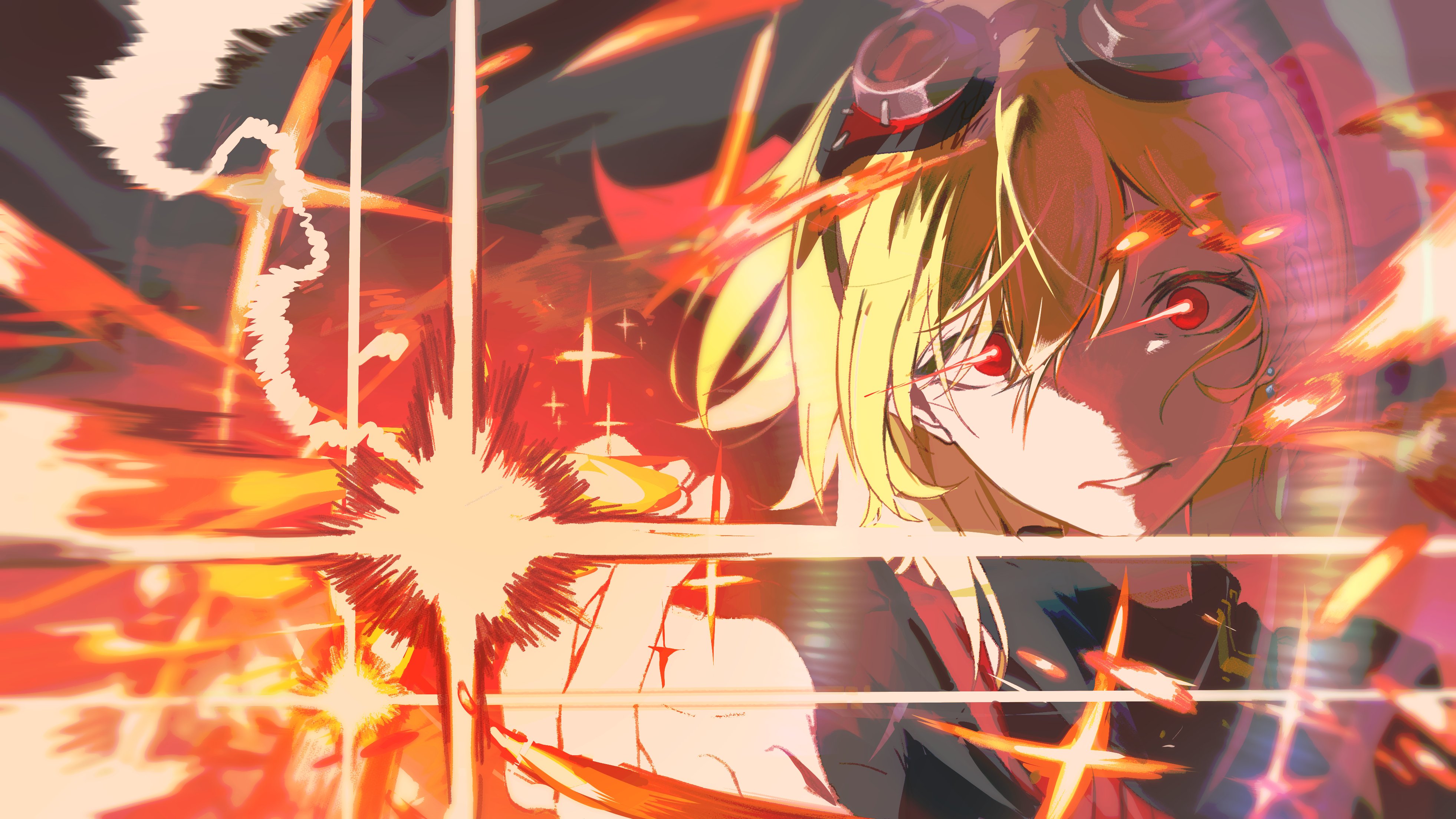 insfidelie, kaela kovalskia, kaela kovalskia (4th costume), hololive, hololive indonesia, jujutsu kaisen, absurdres, highres, 1girl, blonde hair, goggles, goggles on head, gojou's imaginary technique, incoming attack, red eyes, scene reference, solo, virtual youtuber