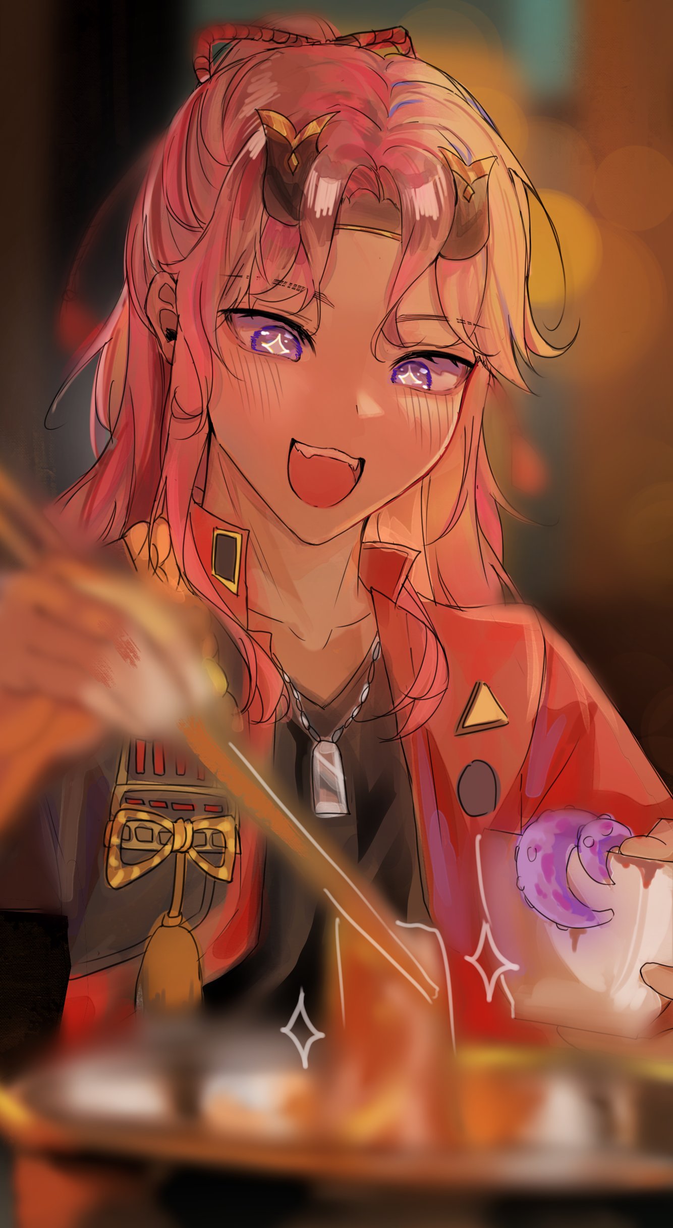 kanako (fuwachu), thoma (genshin impact), genshin impact, real life, absurdres, commentary, english commentary, highres, + +, 1boy, animification, bad food, blurry, blurry foreground, blush, bokeh, bowl, censored, censored food, chopsticks, christian banas, collarbone, cooking pot, depth of field, dog tags, fake horns, headband, holding, holding bowl, holding chopsticks, horned headwear, horns, jacket, japanese clothes, jewelry, long hair, low ponytail, male focus, open clothes, open jacket, open mouth, pink hair, ponytail, purple eyes, red jacket, shirt, sidelocks, smile, star-shaped pupils, star (symbol), symbol-shaped pupils, tassel, teeth, tentacles, upper body, upper teeth only, voice actor, voice actor connection