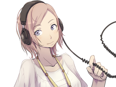 painpa, original, lowres, 1girl, cable, female focus, headphones, jewelry, necklace, pink hair, purple eyes, shirt, short hair, simple background, smile, solo, white shirt
