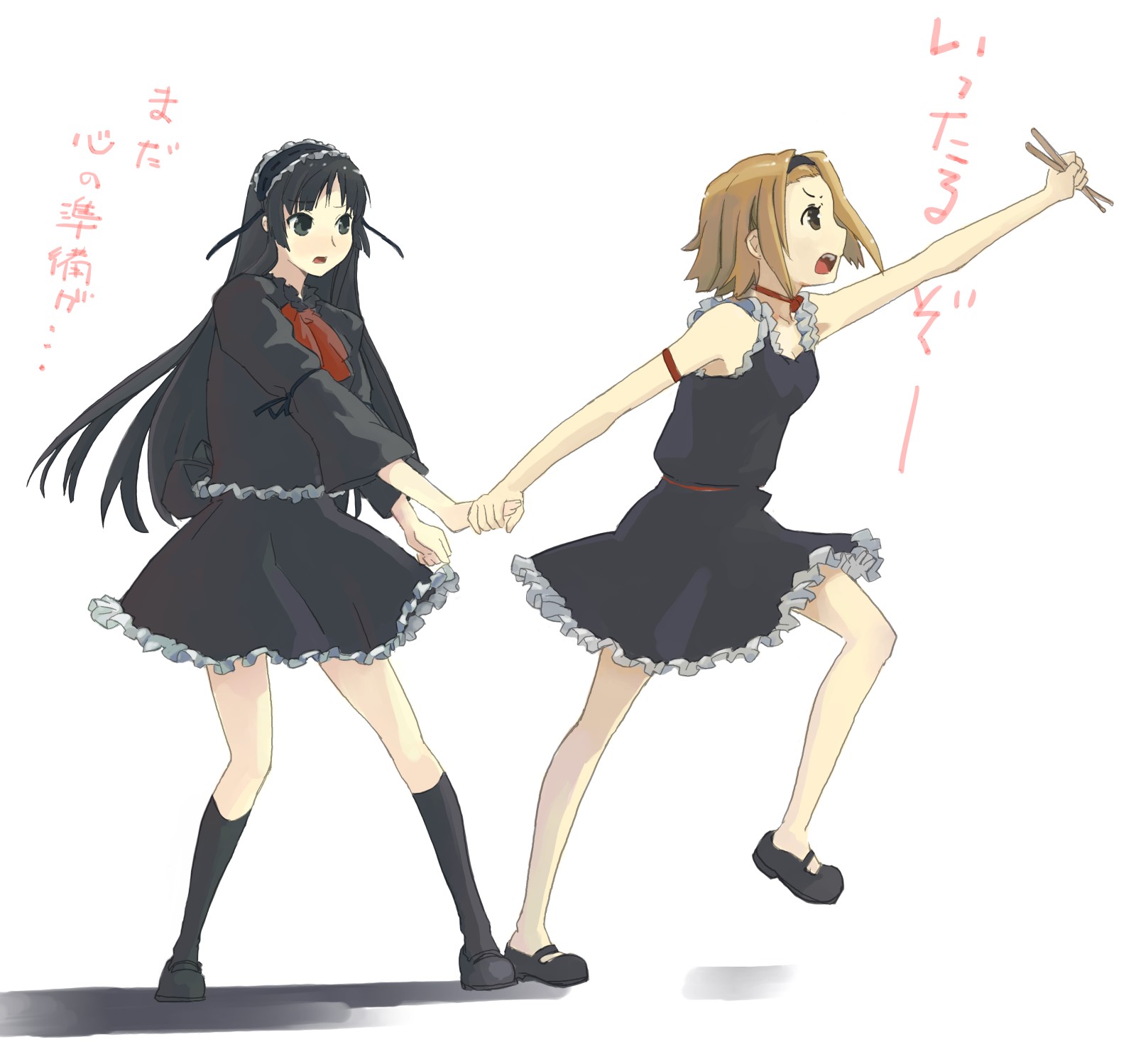 pinzu, akiyama mio, tainaka ritsu, fuwafuwa time, k-on!, highres, 00s, 2girls, black hair, black socks, choker, dress, drumsticks, frills, gothic lolita, holding hands, kneehighs, lolita fashion, long hair, mary janes, multiple girls, shoes, short hair, socks, tomboy