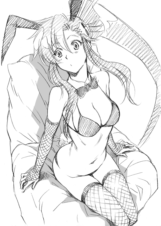 kurenai karasu, yoko littner, tengen toppa gurren lagann, 00s, 1girl, animal ears, bikini, blush, bow, bowtie, breasts, cleavage, elbow gloves, female focus, fishnet thighhighs, fishnets, gloves, greyscale, hair ornament, long hair, monochrome, ponytail, rabbit ears, sidelocks, sitting, solo, swimsuit, tail, thighhighs