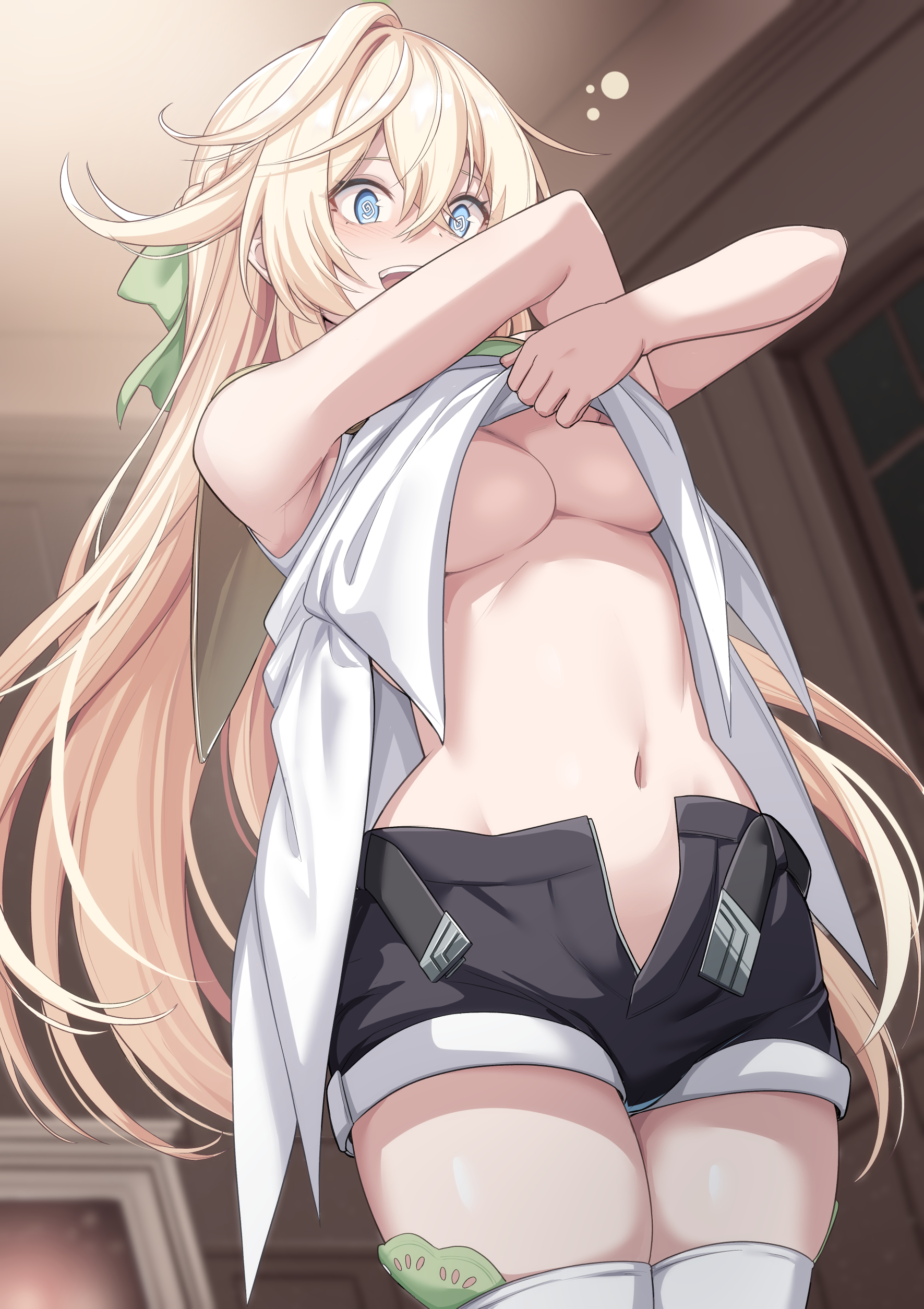 shiseki hirame, absurdres, commentary, highres, official art, second-party source, 1girl, @ @, belt, black shorts, blonde hair, blue eyes, blurry, blurry background, breasts, clothes lift, crossed bangs, hair between eyes, indoors, lifting own clothes, long hair, medium breasts, navel, no bra, open fly, open mouth, short shorts, shorts, sidelocks, solo, suterare youhei wa jiyuukimama ni ikitai, teeth, thighhighs, thighs, undressing, upper teeth only, very long hair, white thighhighs