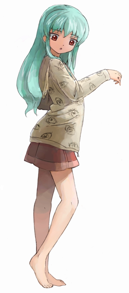 nyama, vanilla h, galaxy angel, bad id, bad pixiv id, 00s, 1girl, :o, aqua hair, barefoot, feet, female focus, legs, long hair, looking back, red eyes, simple background, skirt, solo, white background