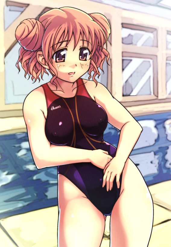 e20, hiro (hidamari sketch), asics, hidamari sketch, 00s, 1girl, breasts, collarbone, competition swimsuit, double bun, female focus, hair bun, medium breasts, one-piece swimsuit, pink eyes, pink hair, plump, pool, solo, swimsuit