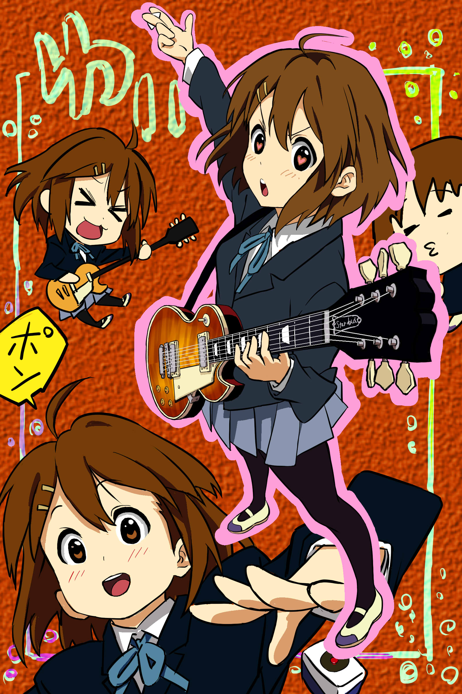 manekko buta, hirasawa yui, k-on!, absurdres, bad id, bad pixiv id, highres, > <, 00s, 1girl, = =, ahoge, blazer, brown eyes, brown hair, chibi, closed eyes, female focus, gibson les paul, guitar, hair ornament, hairpin, heart, instrument, jacket, pantyhose, pleated skirt, plectrum, ribbon, school uniform, shoes, short hair, skirt, solo, uwabaki