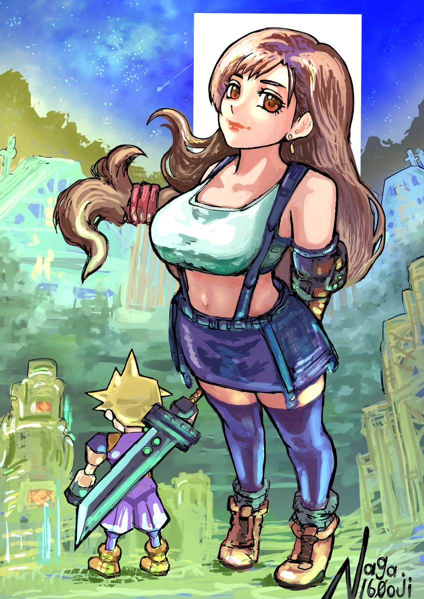 naga160oji, cloud strife, tifa lockhart, final fantasy, final fantasy vii, final fantasy vii remake, highres, 1boy, 1girl, arms behind back, artist name, bare shoulders, black skirt, black thighhighs, blonde hair, boots, breasts, brown boots, brown hair, buster sword, closed mouth, crop top, earrings, elbow gloves, facing away, facing viewer, full body, gloves, hair tie, jewelry, long hair, looking at viewer, low-tied long hair, materia, medium breasts, midriff, miniskirt, night, night sky, pants, purple pants, purple shirt, red eyes, shirt, shooting star, skirt, sky, sleeveless, sleeveless turtleneck, spiked hair, suspenders, sword, sword on back, thighhighs, turtleneck, weapon, weapon on back, white shirt