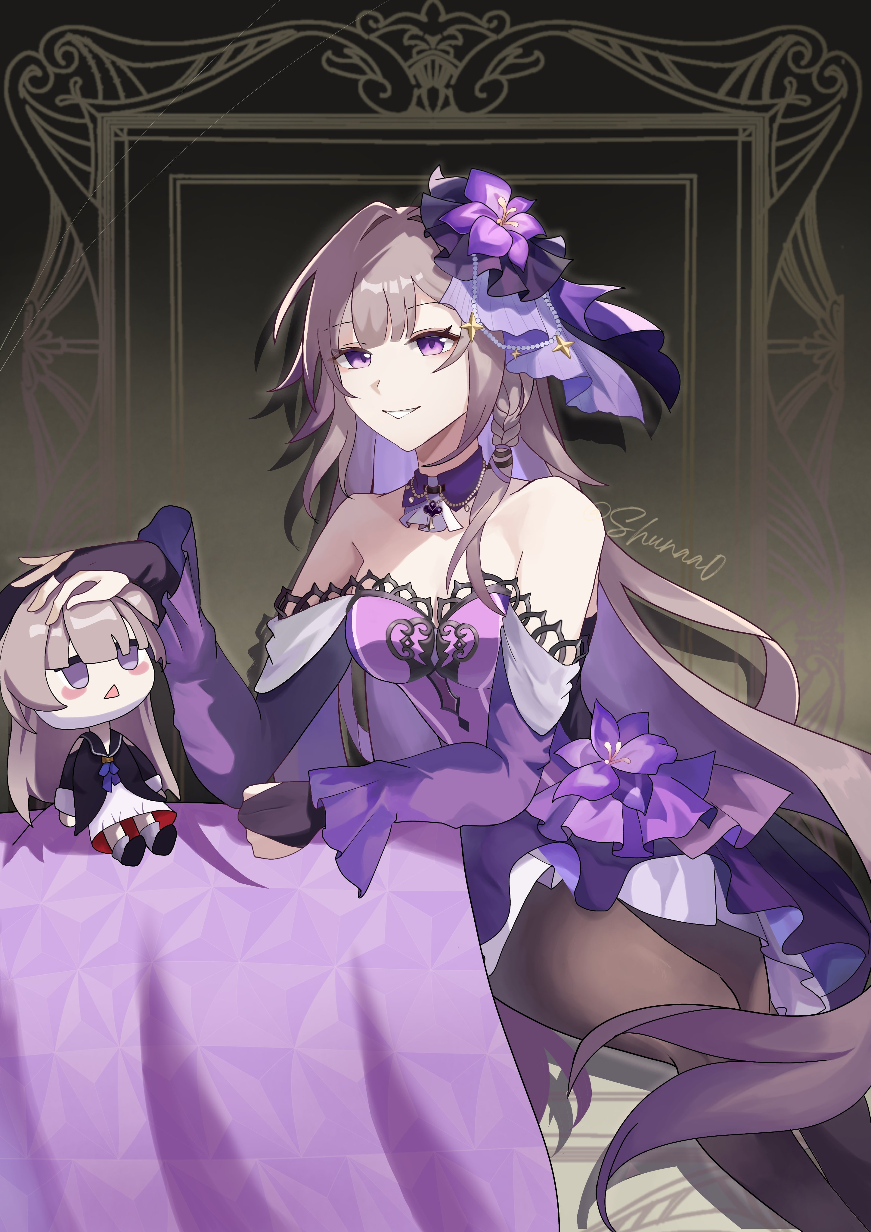 herta (honkai: star rail), herta (puppet) (honkai: star rail), the herta (honkai: star rail), the herta (star rail live 2025) (honkai: star rail), honkai: star rail, honkai (series), absurdres, commentary, english commentary, highres, 1girl, bare shoulders, breasts, character doll, choker, doll, dress, feet out of frame, flower, grey hair, grin, hair flower, hair ornament, long hair, long sleeves, off-shoulder dress, off shoulder, official alternate costume, pantyhose, purple choker, purple dress, purple eyes, purple flower, shiraishi an (shunaa0), small breasts, smile, very long hair