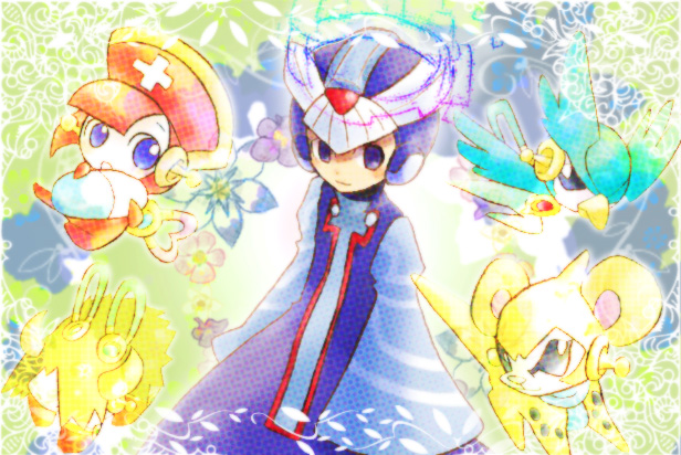 no no, cyber elf x (mega man), x (mega man), capcom, mega man (series), mega man zero (series), 1boy, android, blue eyes, blush, brown hair, cloak, cowboy shot, creature, cross, cyber elf (mega man), hat, long sleeves, looking at viewer, nurse cap, short hair