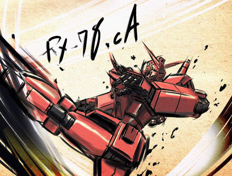 twinbell, rx-78-2 gundam, rx-78-2 gundam casval custom, gundam, mobile suit gundam, char custom, kicking, mecha, no humans, robot, solo, text focus