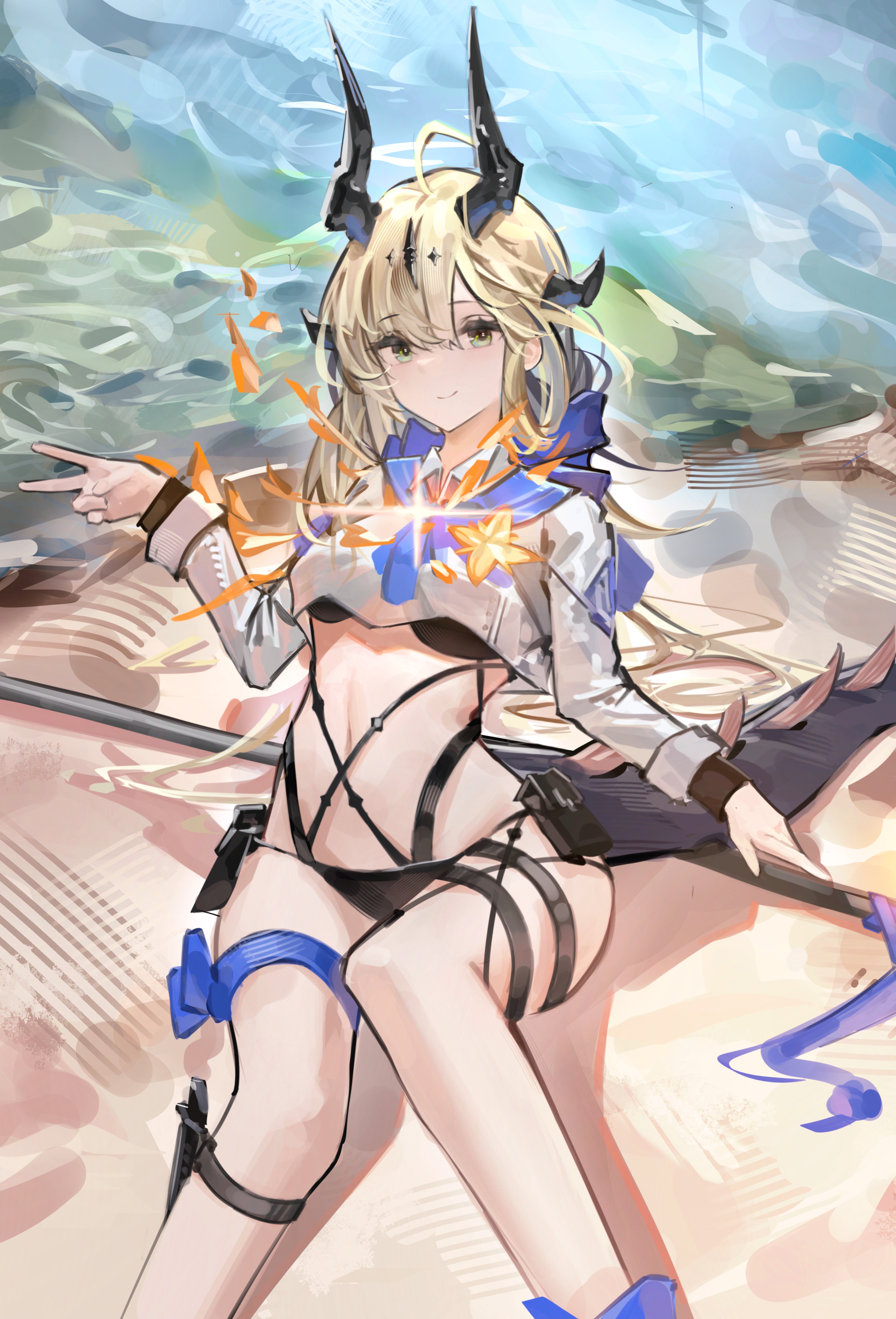 meihina, reed (arknights), reed the flame shadow (arknights), reed the flame shadow (summer flower) (arknights), arknights, absurdres, commentary, highres, revision, 1girl, ahoge, bikini, black bikini, black horns, black tail, blonde hair, closed mouth, crop top, cropped shirt, feet out of frame, fire, green eyes, hair between eyes, horns, long hair, looking at viewer, multiple thigh straps, navel, official alternate costume, shirt, smile, solo, swimsuit, tail, v, white shirt