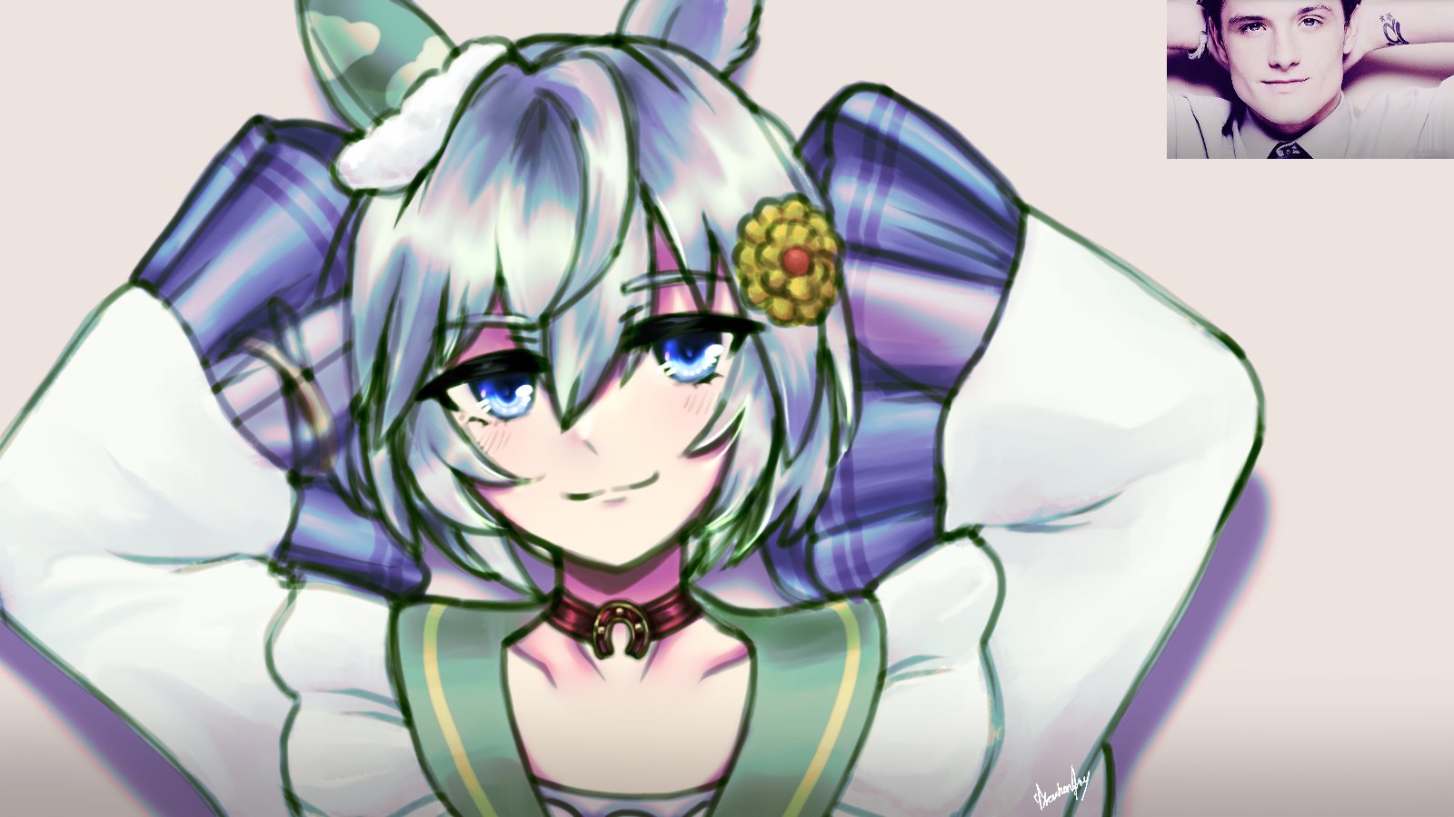 seiun sky (reeling in the big one) (umamusume), seiun sky (umamusume), umamusume, commentary, english commentary, highres, photo-referenced, 1girl, animal ears, arms behind head, blue eyes, bow, brown choker, choker, ear bow, ear covers, flower, grey hair, hair between eyes, hair flower, hair ornament, hairclip, horse ears, horse girl, josh hutcherson, josh hutcherson whistle edit (meme), looking at viewer, meme, open mouth, photo inset, shirt, short hair, single ear cover, smile, solo, sunflower, sunflower hair ornament