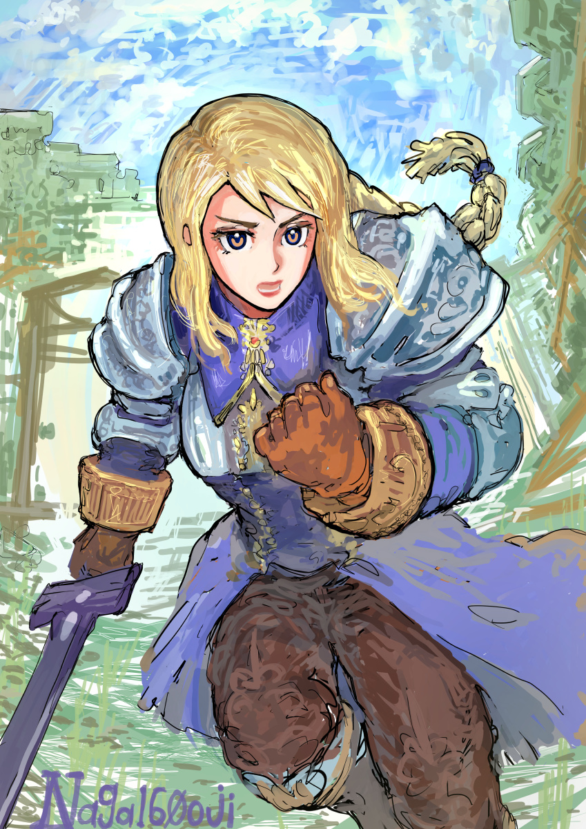 naga160oji, agrias oaks, final fantasy, final fantasy tactics, highres, 1girl, armor, artist name, blonde hair, blue dress, braid, breasts, brown eyes, brown gloves, brown pants, clenched hand, dress, gloves, hair tie, holding, holding sword, holding weapon, long hair, medium breasts, pants, parted lips, pauldrons, shoulder armor, single braid, sketch, solo, sword, weapon