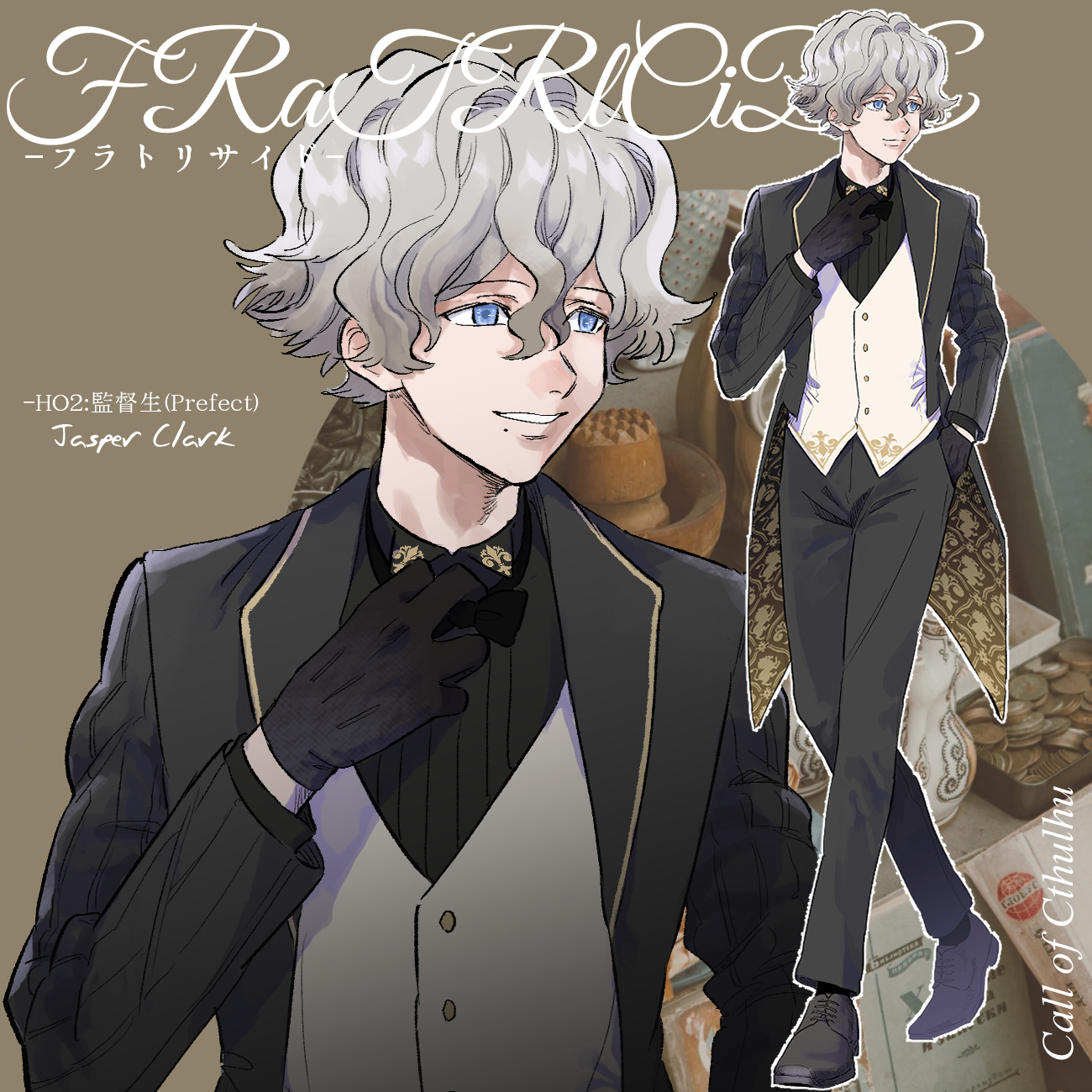 original, commentary request, highres, translation request, 1boy, adjusting bowtie, ano amesuke, black bow, black bowtie, black coat, black gloves, black pants, black shirt, black shoes, blue eyes, bow, bowtie, coat, gloves, grey hair, hand in pocket, male focus, mole, mole under mouth, pants, photo background, shirt, shoes, smile, vest, wavy hair, white vest