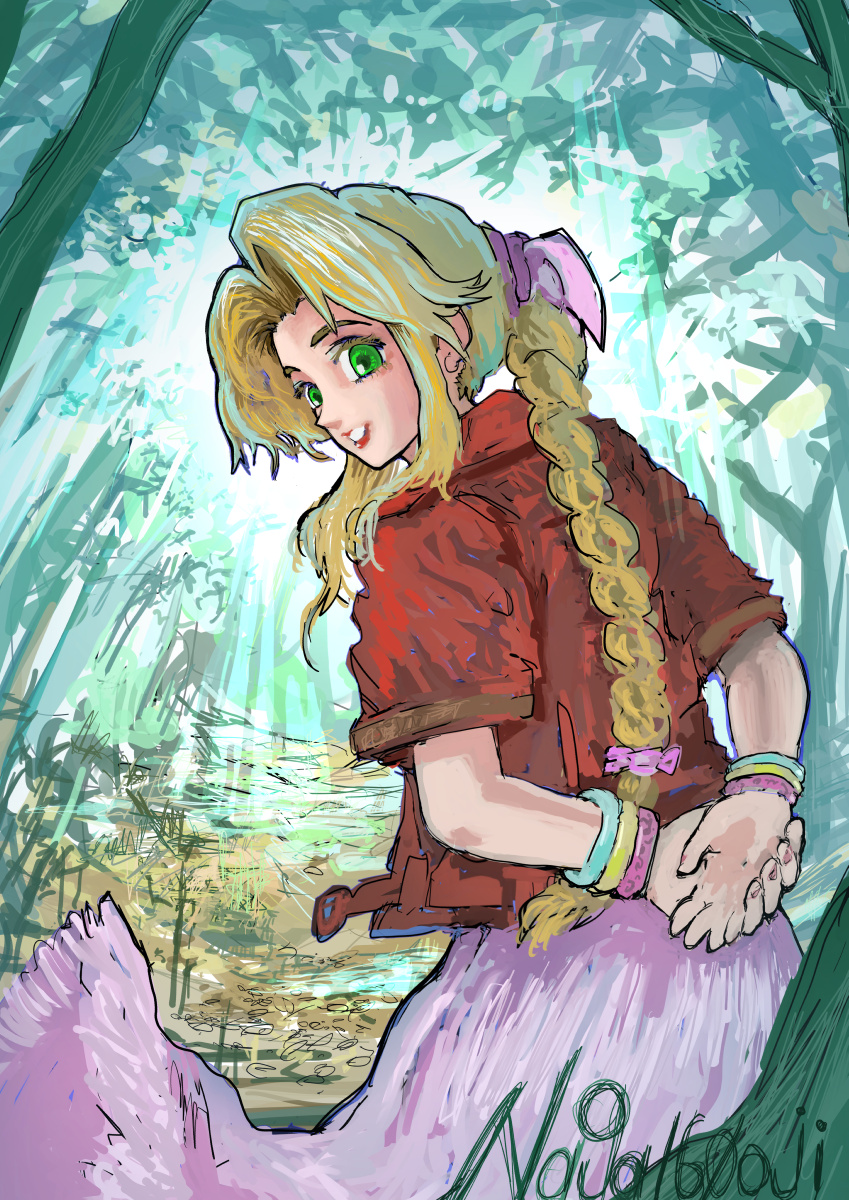 naga160oji, aerith gainsborough, final fantasy, final fantasy vii, final fantasy vii rebirth, final fantasy vii remake, highres, 1girl, arms behind back, artist name, bangle, bracelet, braid, braided ponytail, brown hair, dress, forest, green eyes, hair ribbon, jacket, jewelry, long hair, looking at viewer, nature, own hands together, painterly, parted bangs, parted lips, pink dress, pink ribbon, red jacket, ribbon, short sleeves, sidelocks, single braid, sketch, smile, solo, tree, upper body
