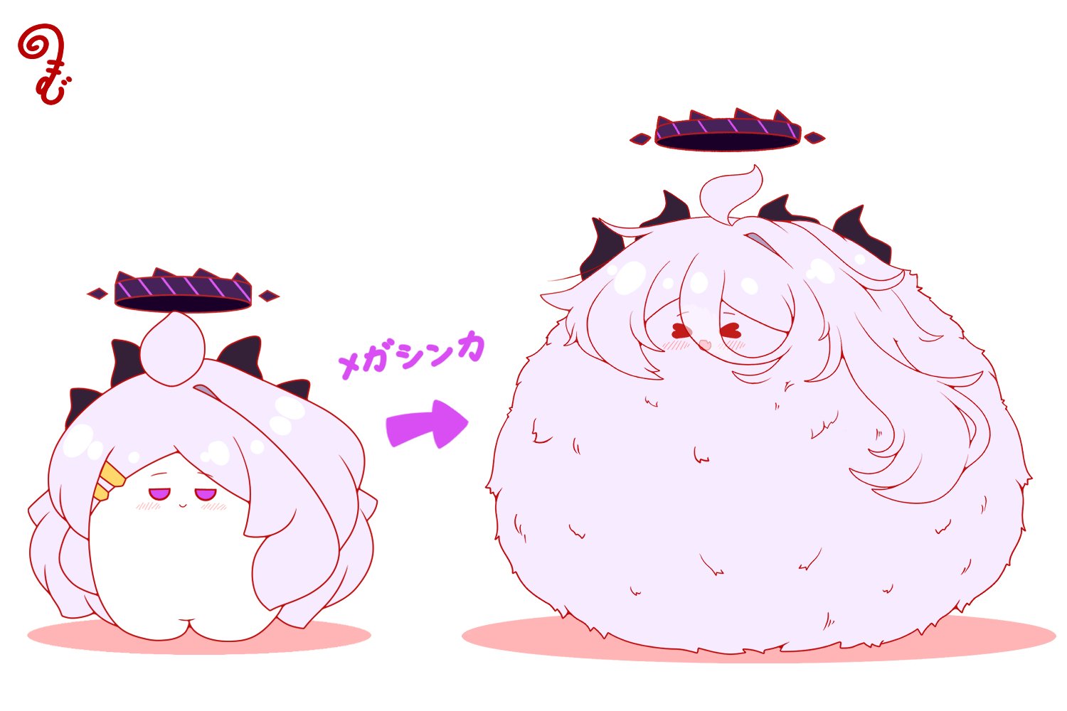 kurukurumagical, hina (blue archive), blue archive, nintendo, pokemon, commentary request, translation request, > <, :d, ahoge, arrow (symbol), blush, closed eyes, closed mouth, grey hair, hair between eyes, hair ornament, hairclip, halo, horns, long hair, mega pokemon (other), open mouth, parted bangs, purple eyes, shadow, simple background, single hair intake, smile, very long hair, white background, xd