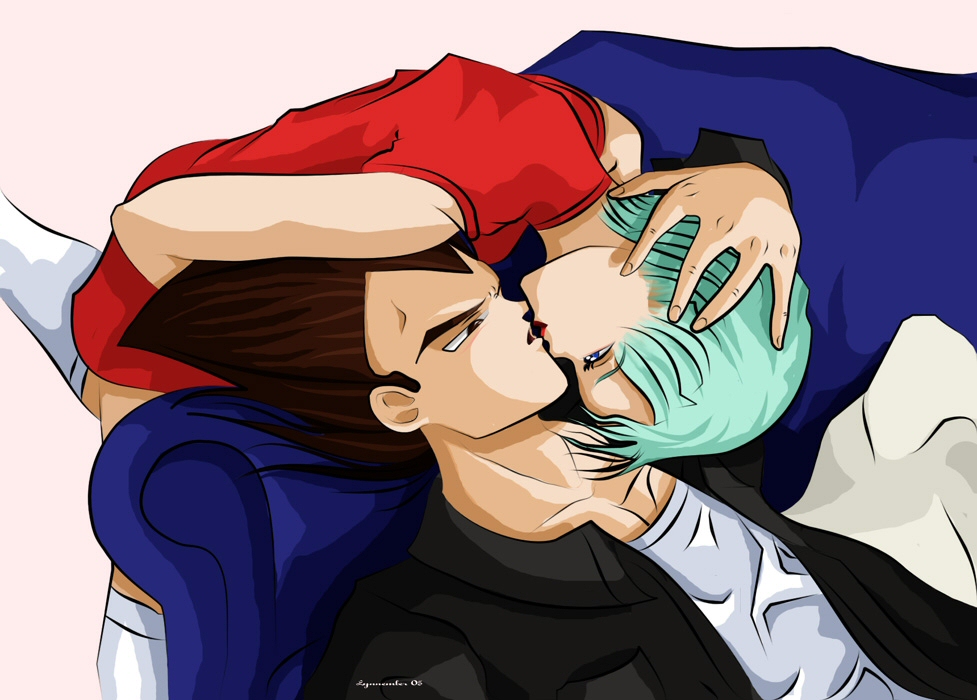 bulma, vegeta, dragon ball, dragonball z, blue hair, couple, kiss, upside-down kiss