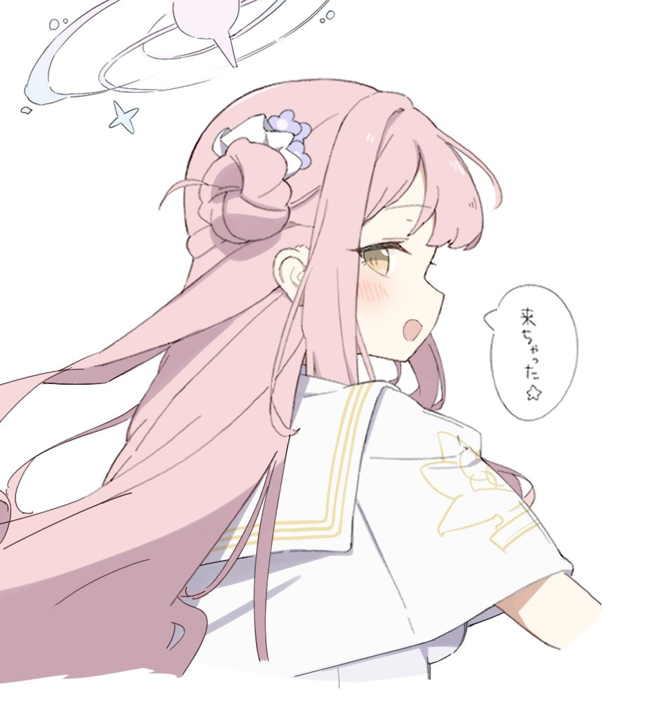 tntl nemui, mika (blue archive), blue archive, commentary, translated, 1girl, :o, blue halo, blush, breasts, capelet, flower, from side, gradient halo, hair between eyes, hair bun, hair flower, hair ornament, halo, long hair, looking at viewer, medium breasts, multicolored halo, open mouth, orange eyes, pink hair, pink halo, purple flower, sailor collar, shirt, sidelocks, simple background, single hair bun, single side bun, solo, speech bubble, standing, star (symbol), straight hair, upper body, white background, white capelet, white sailor collar, white shirt, yellow trim