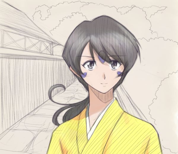 skuld (aa megami-sama), aa megami-sama, traditional media, 1girl, aged up, black hair, facial mark, female focus, forehead mark, japanese clothes, kimono, short hair, sketch, solo
